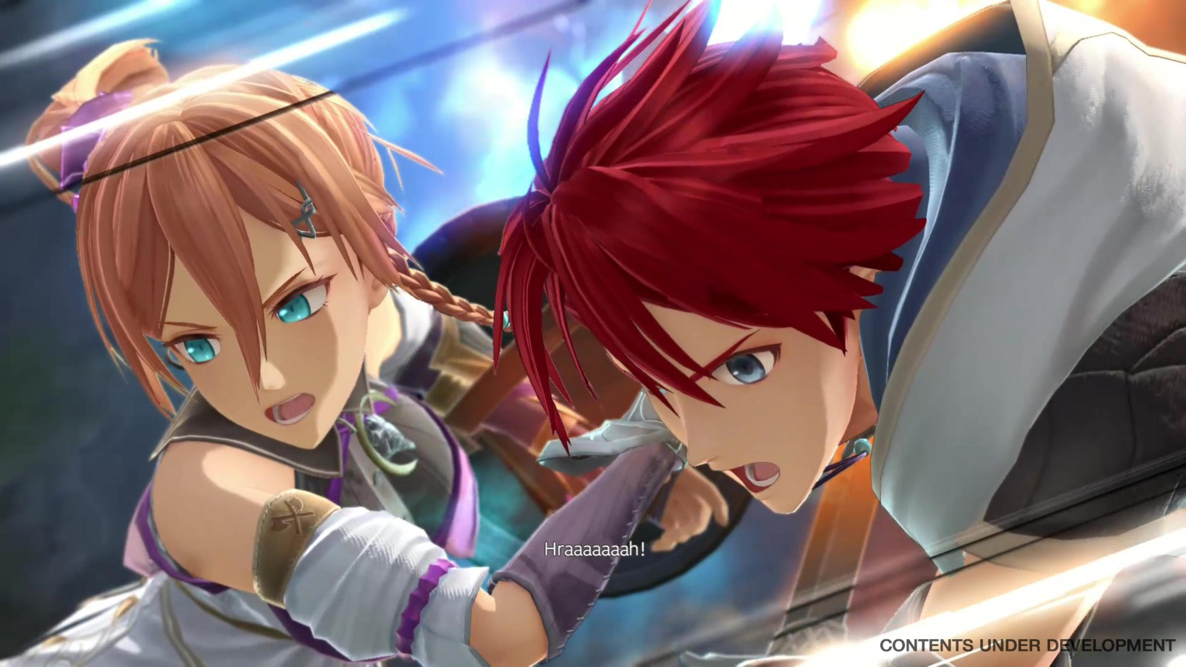 Dos personajes de pelo rojo y castaño luchan intensamente con ojos azules.