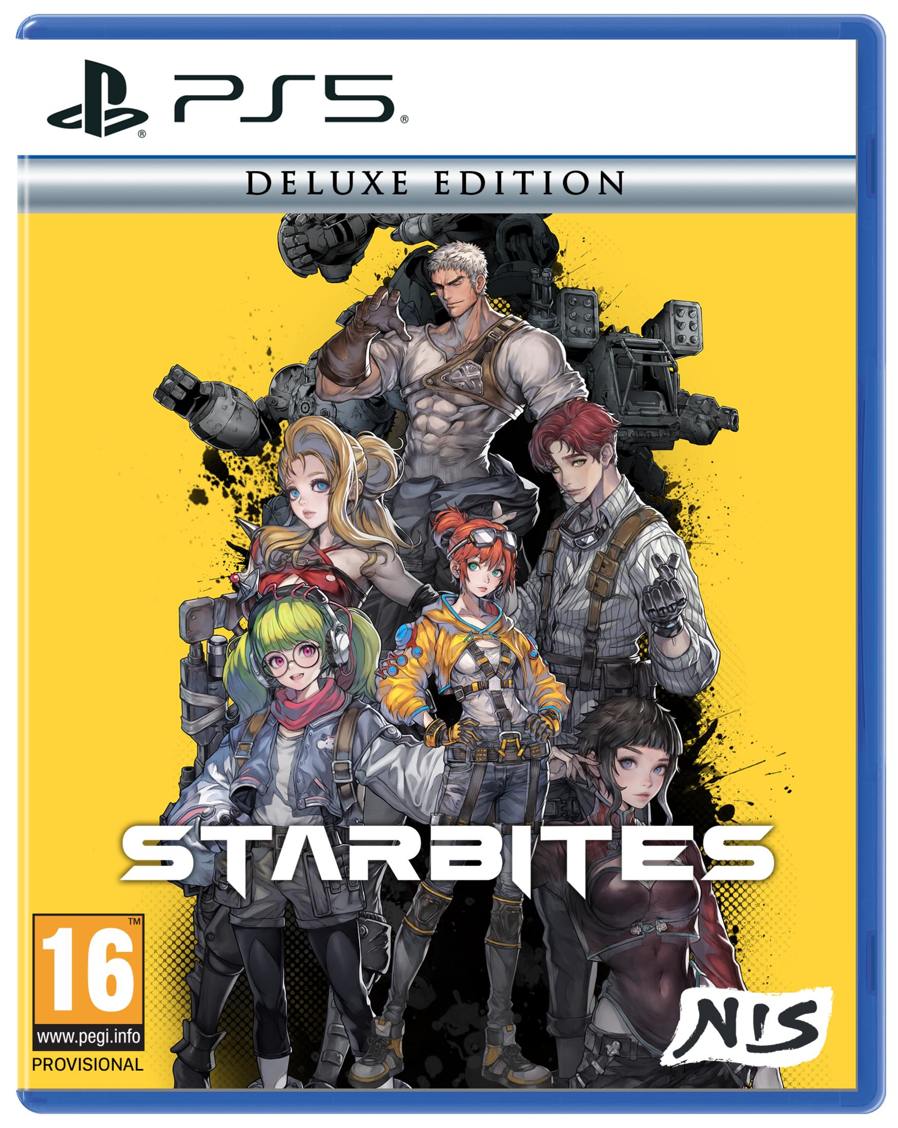 Copertina gioco PS5 con più personaggi su sfondo giallo e titolo "STARBITES".