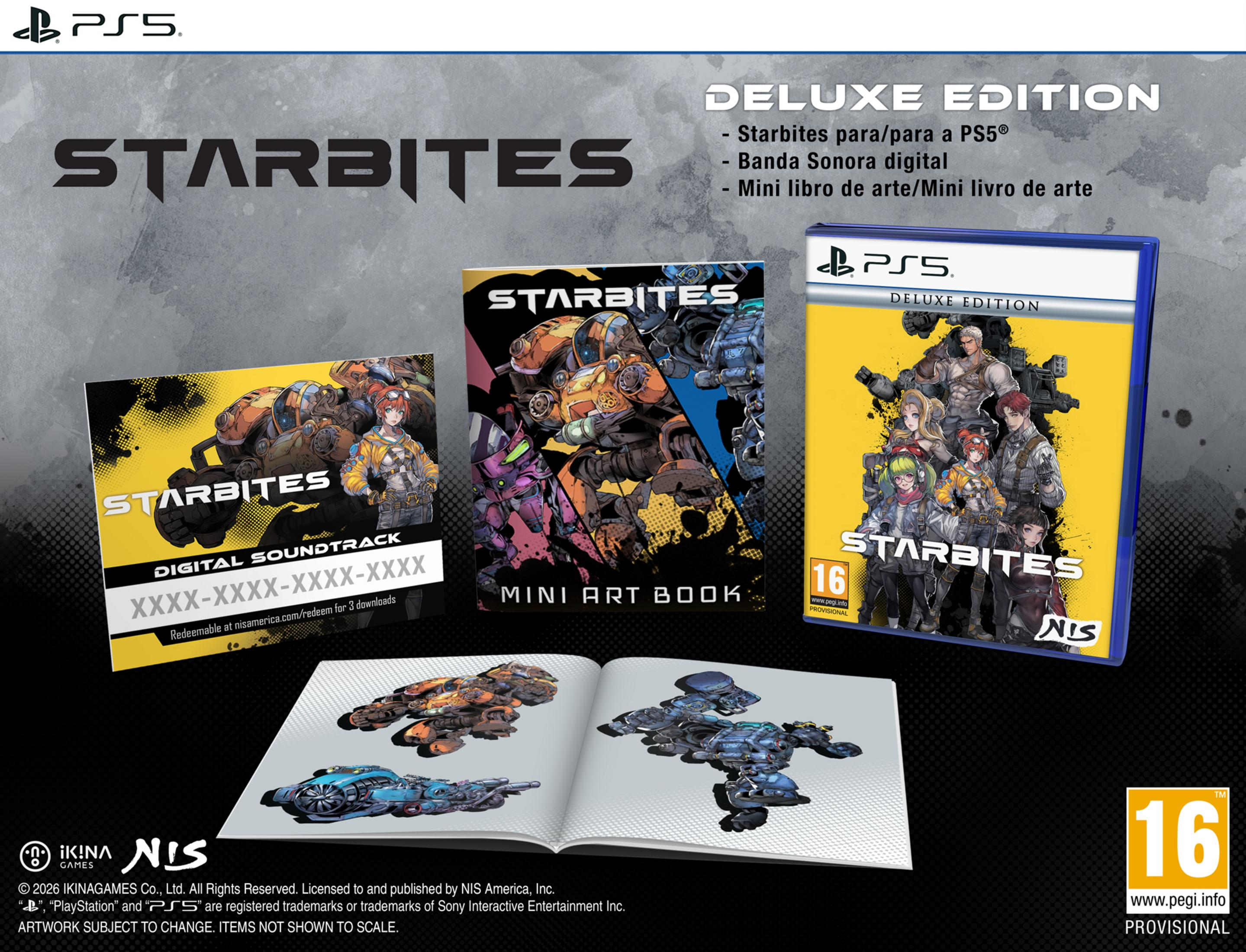 Edizione Deluxe PS5 con gioco, colonna sonora e artbook. Presenta personaggi e robot.