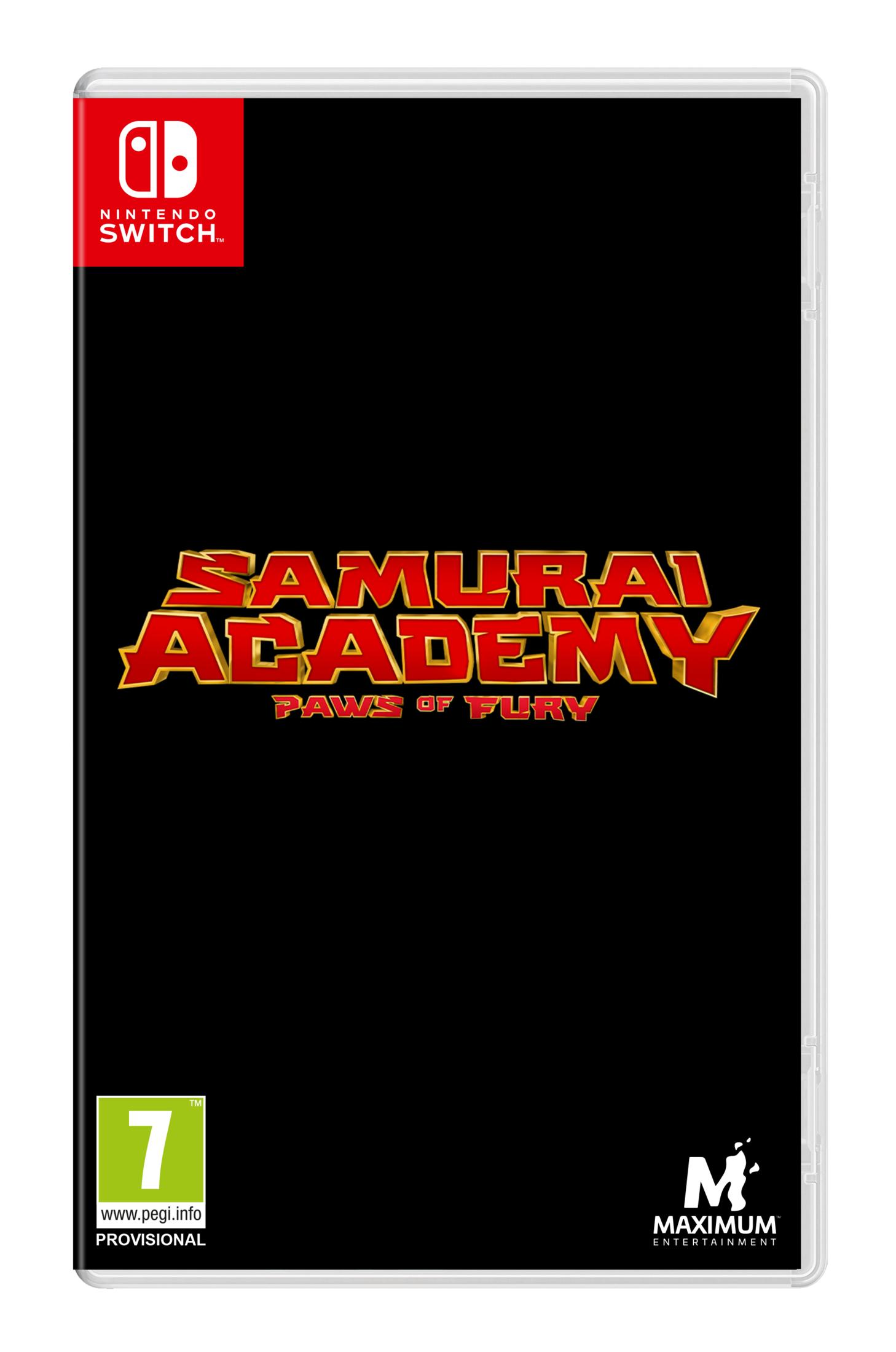 Copertina gioco Nintendo Switch "Samurai Academy: Paws of Fury" con testo rosso e oro.