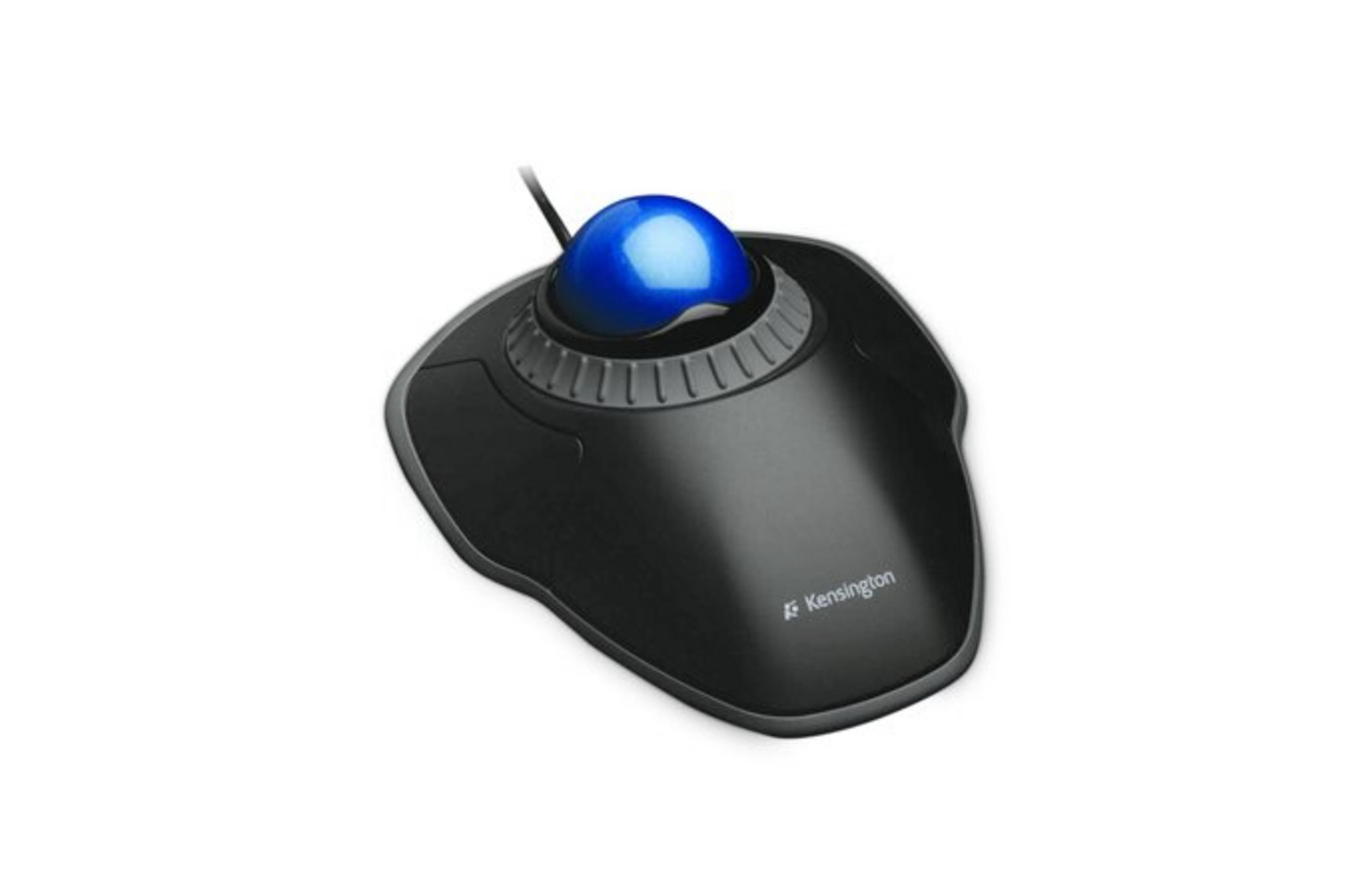 A black Kensington trackball mouse with a blue ball and cord on a white background.