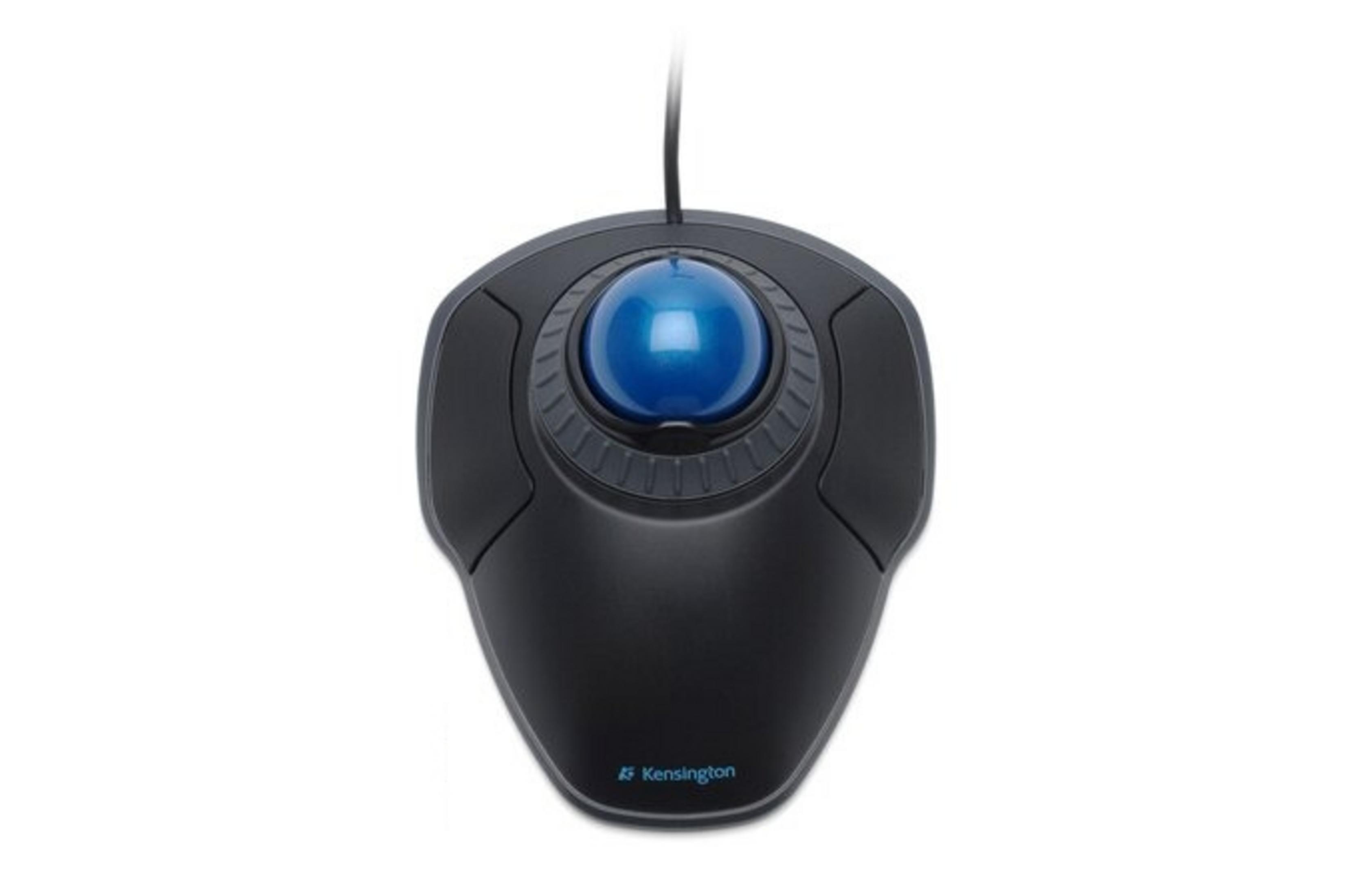 Black trackball mouse with a blue ball and Kensington logo.
