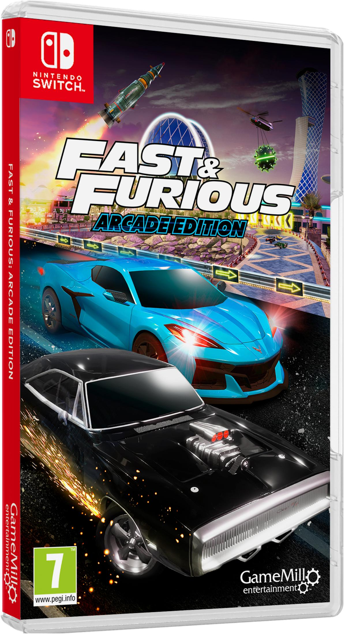 Copertina Fast & Furious Arcade Edition con due auto: nera e blu.