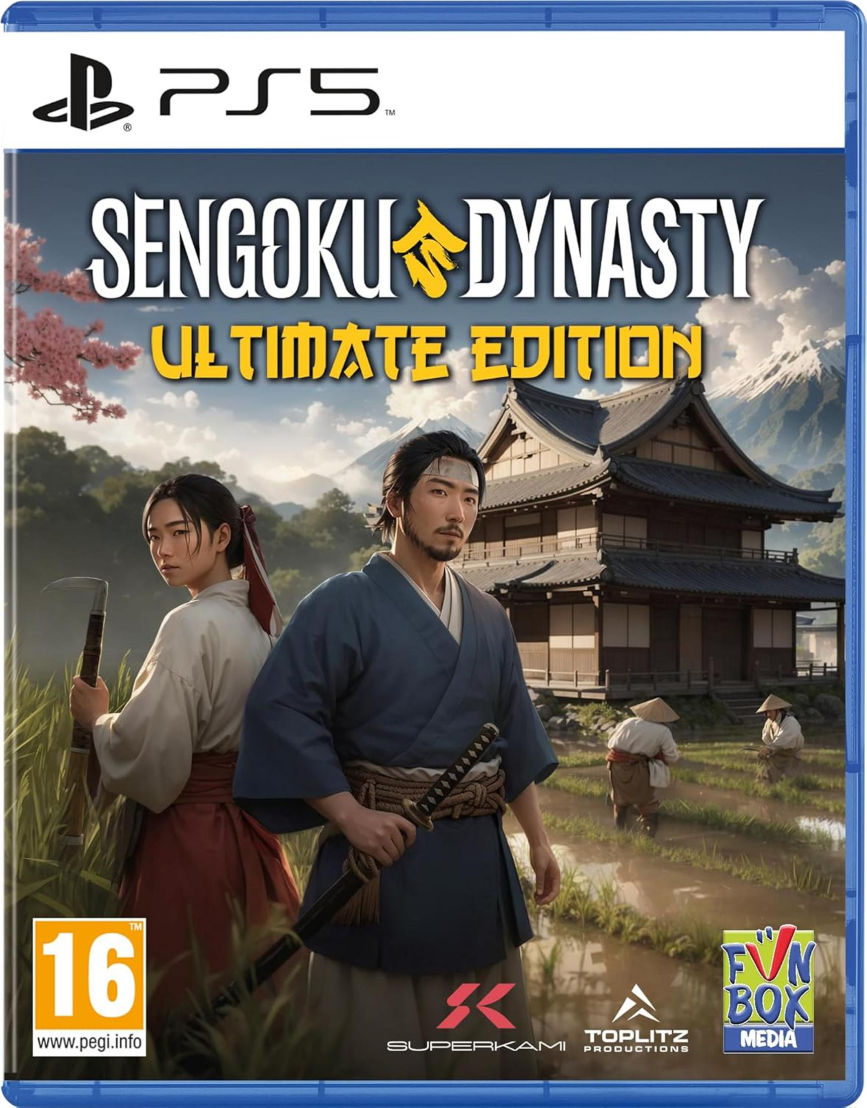 Copertina del gioco Sengoku Dynasty per PS5. Due persone in abiti da samurai vicino a un edificio tradizionale giapponese.