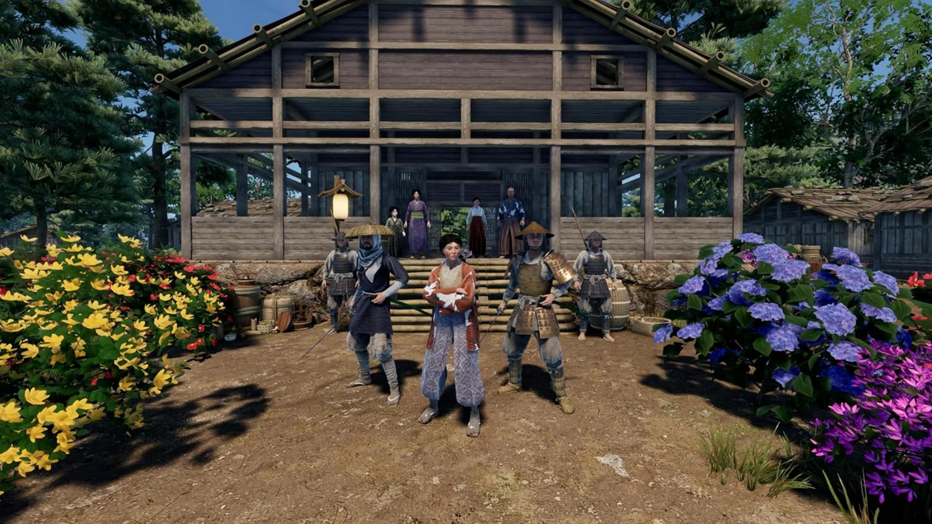 Samurai e abitanti del villaggio si radunano davanti a un edificio di legno, circondati da fiori colorati.