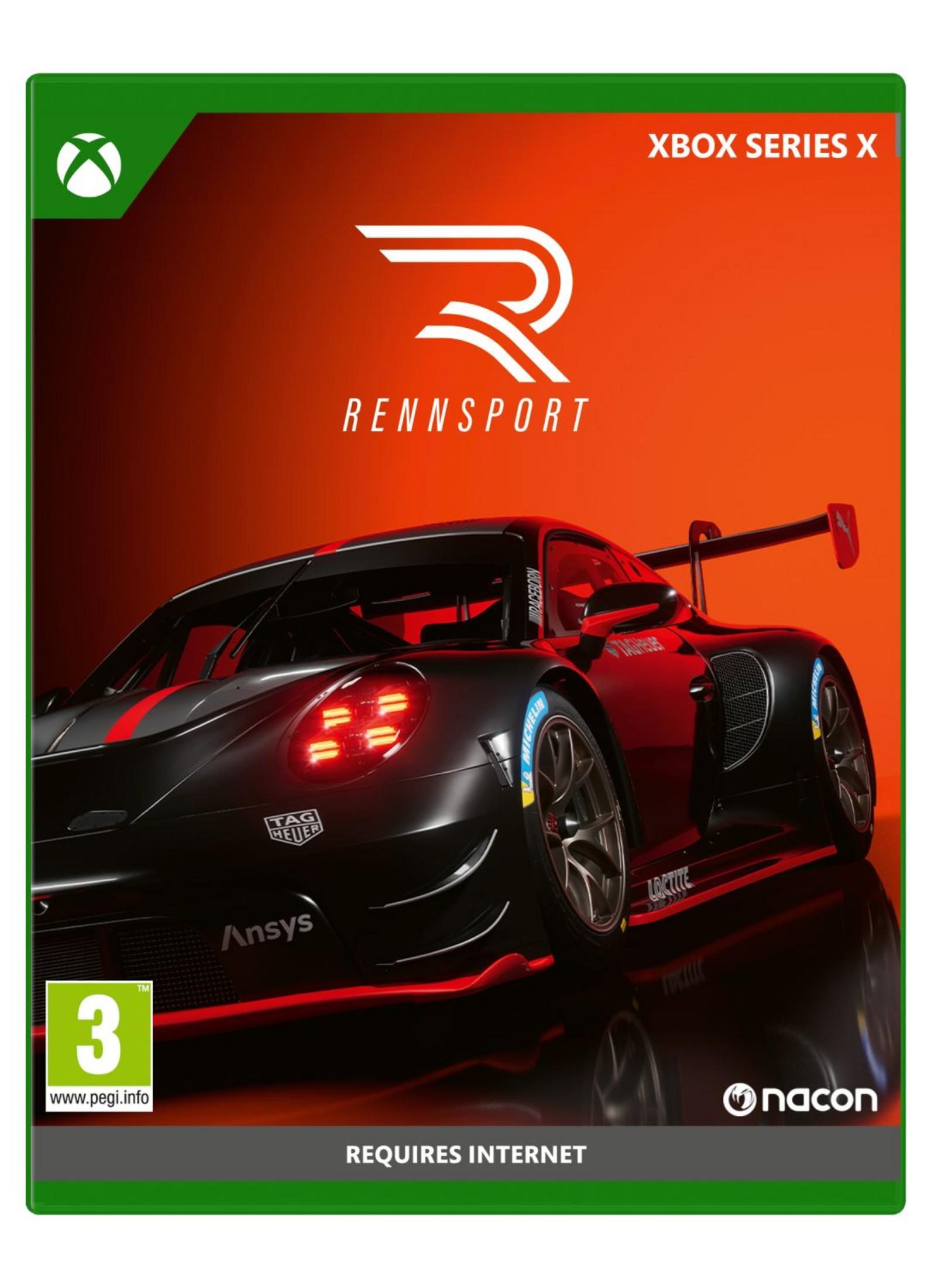 Un coche de carreras negro con detalles rojos y el logo de Rennsport sobre fondo naranja.