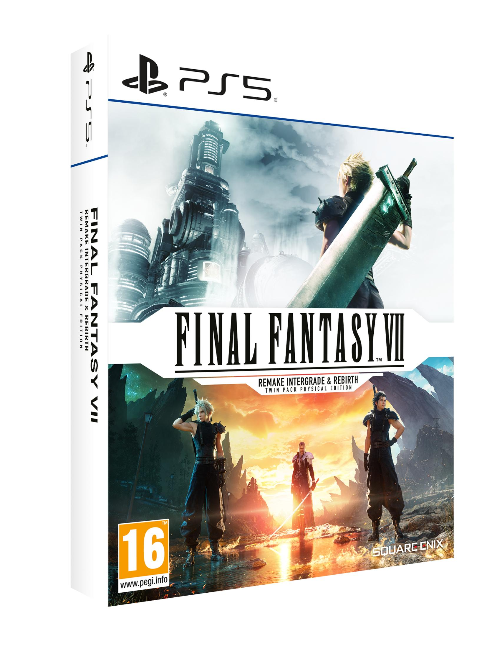 Portada de Final Fantasy VII PS5 con Cloud y Sephiroth, ciudad futurista.