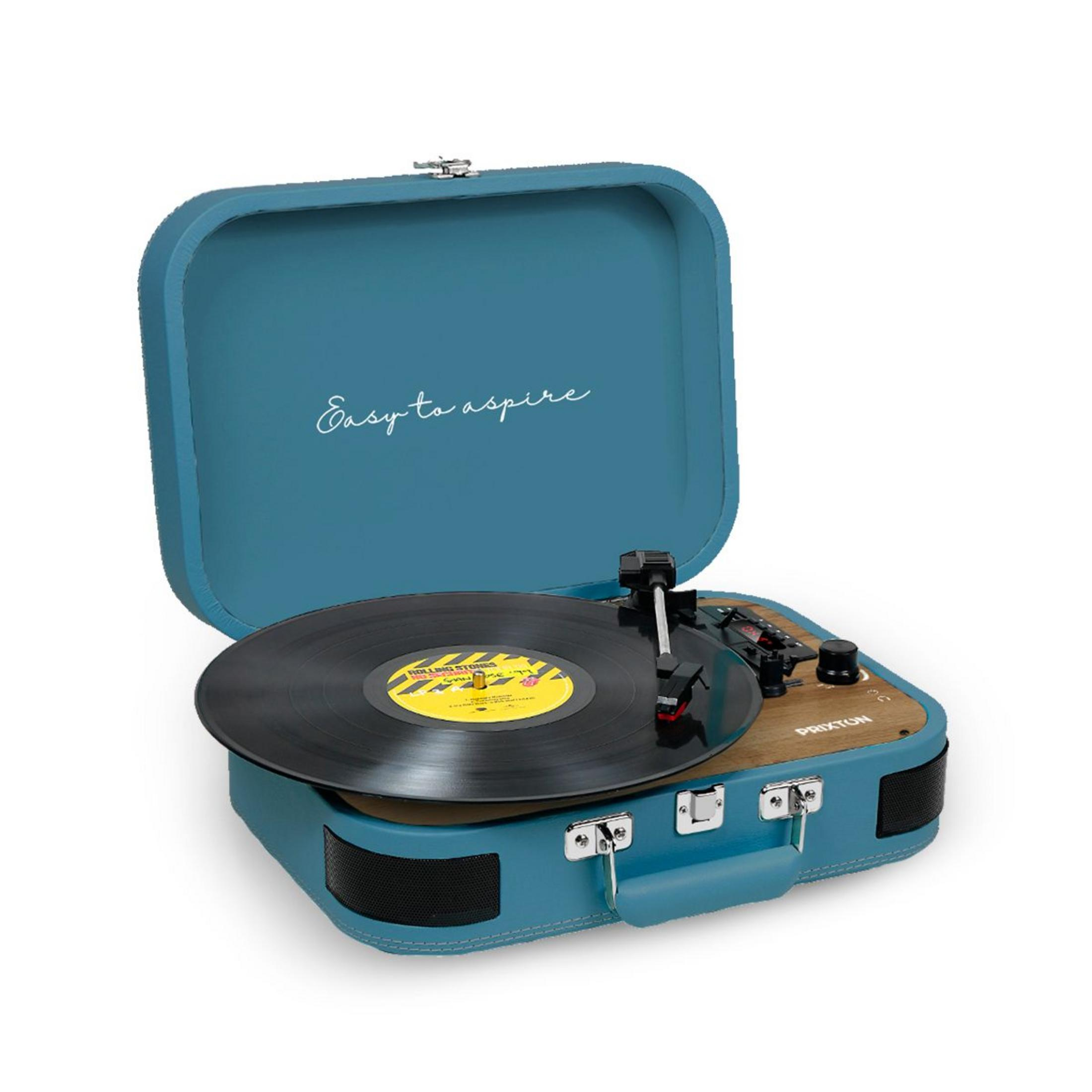A blue suitcase-style record player with a vinyl record and tonearm.