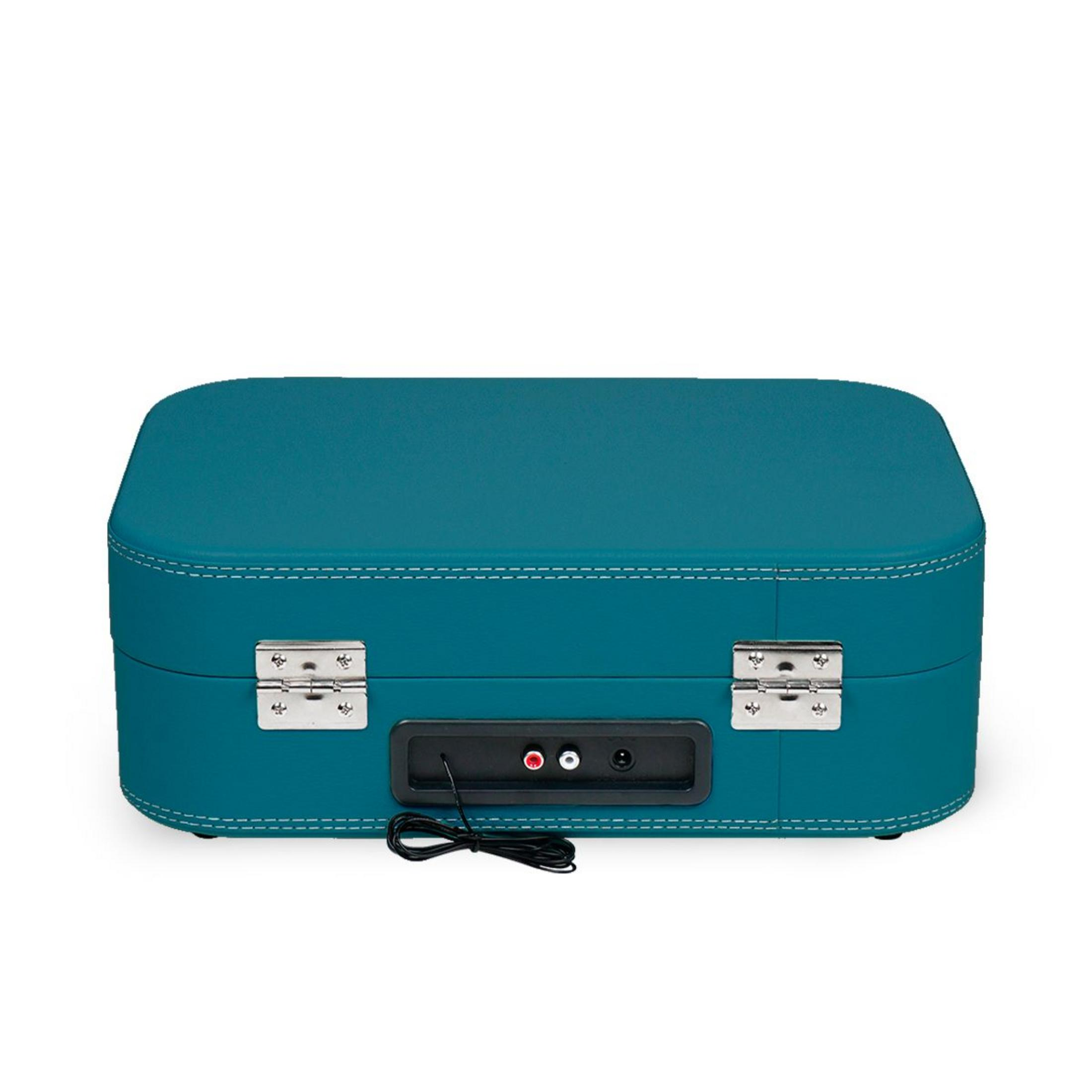 Blue suitcase with silver clasps and rear connection ports.