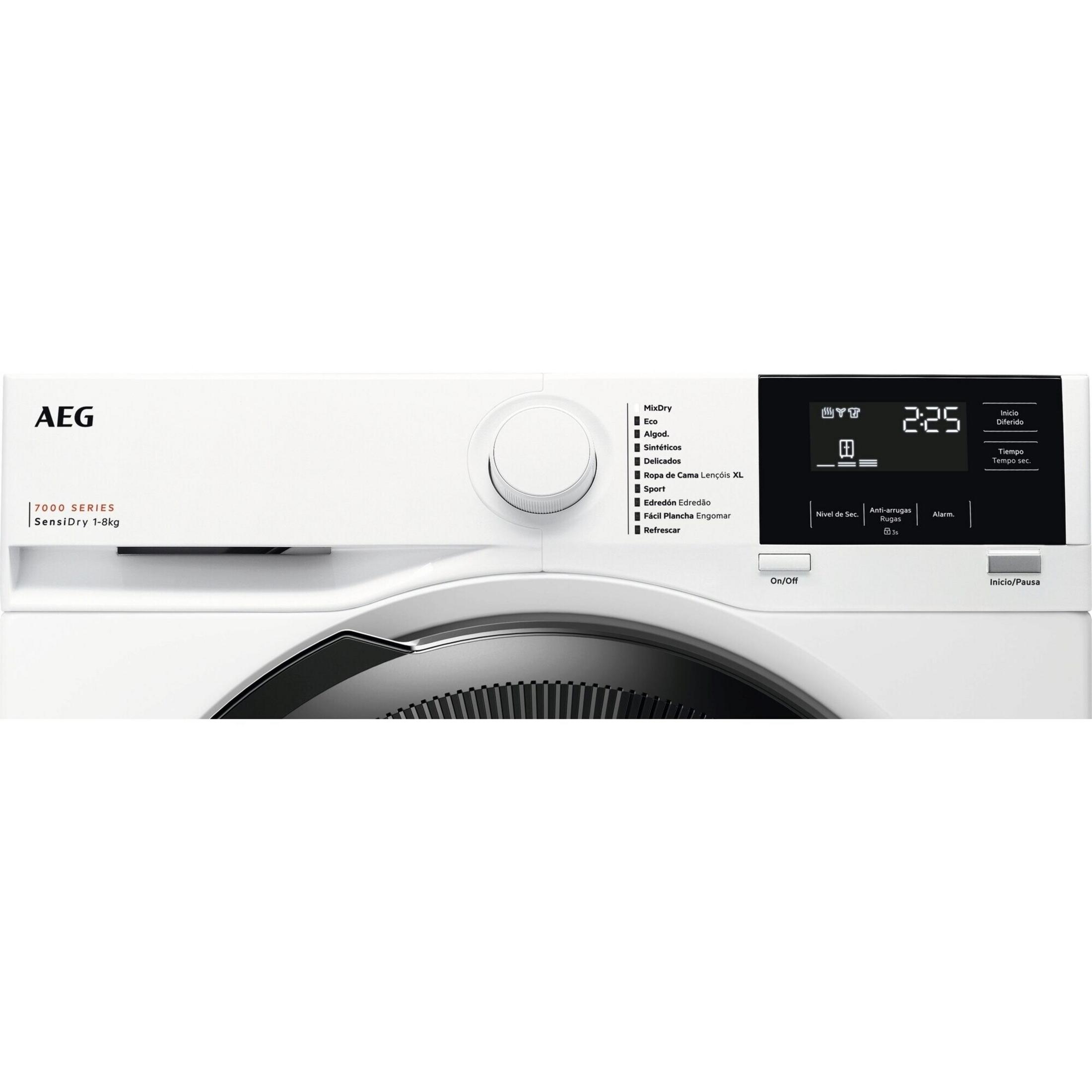 Una secadora blanca AEG Serie 7000 con pantalla digital y panel de control.