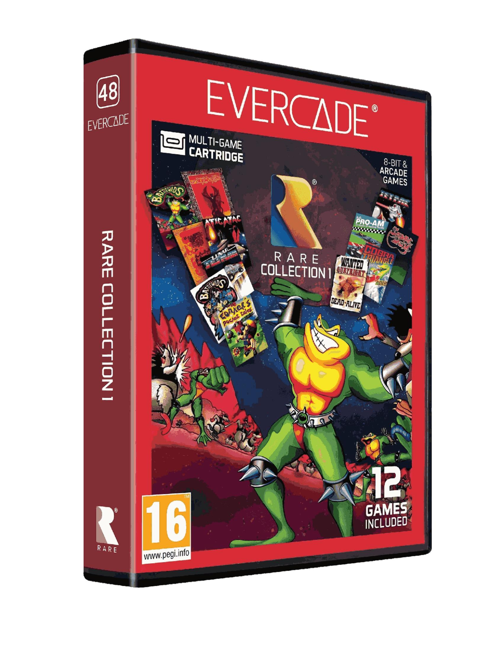 Custodia Evercade "Rare Collection 1" con 12 giochi, che mostra in primo piano Battletoads e altri personaggi.