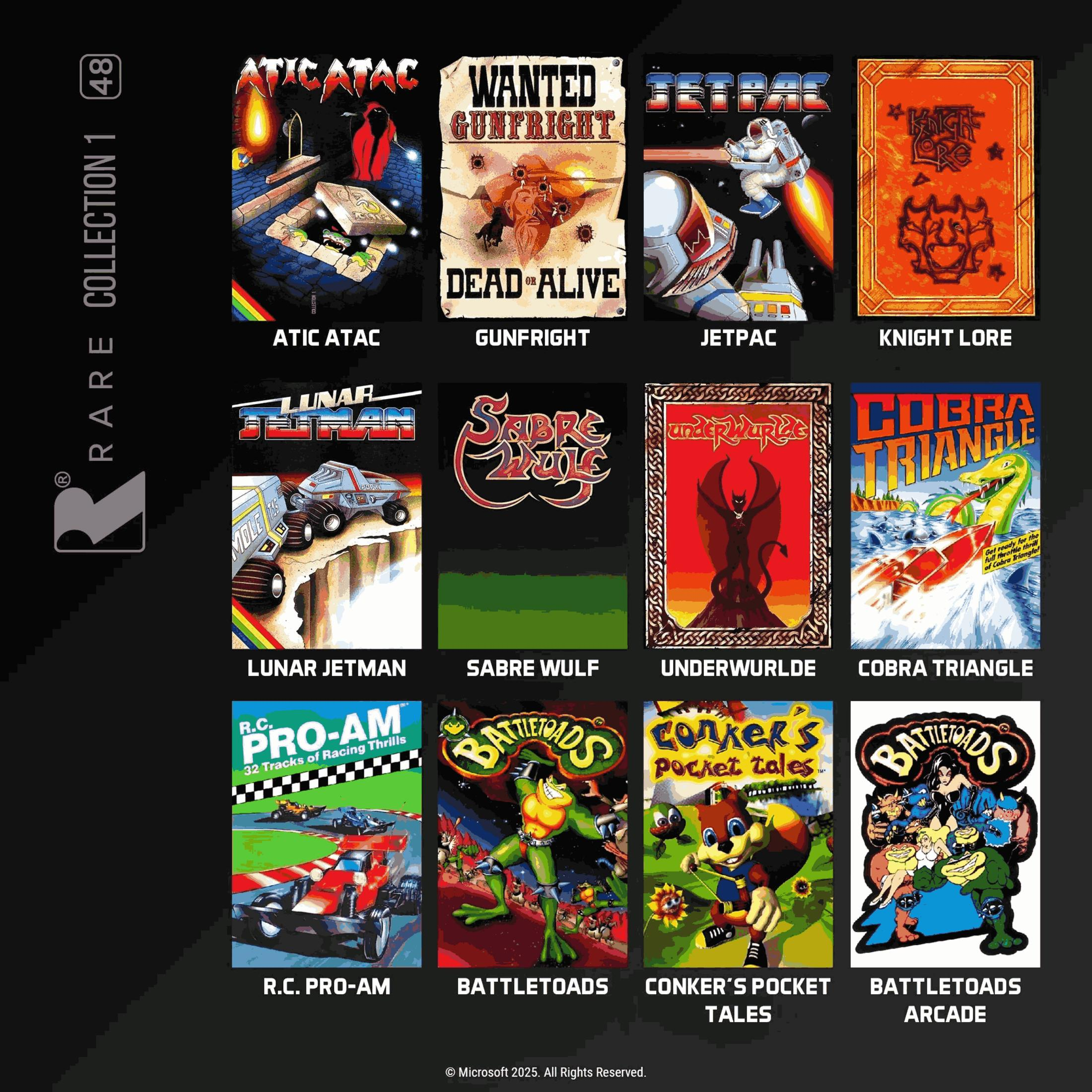 Collage di copertine di videogiochi classici: Atic Atac, Gunfright, Jetpac, Knight Lore, Lunar Jetman, Sabre Wulf, Underwurlde, Cobra Triangle, R.C. Pro-Am, Battletoads, Conker's Pocket Tales, Battletoads Arcade.