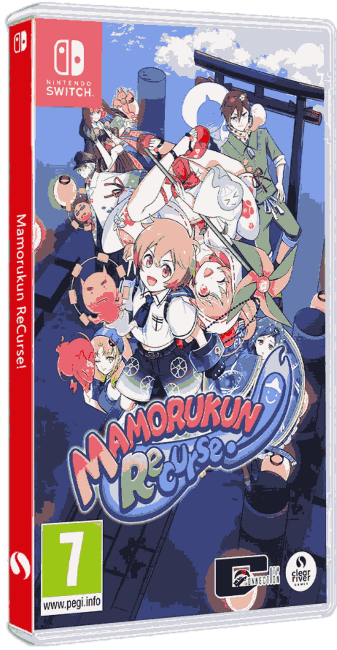 Copertina del gioco Nintendo Switch con personaggi anime, un cancello torii e il logo "Mamorukun Re-Curse!".