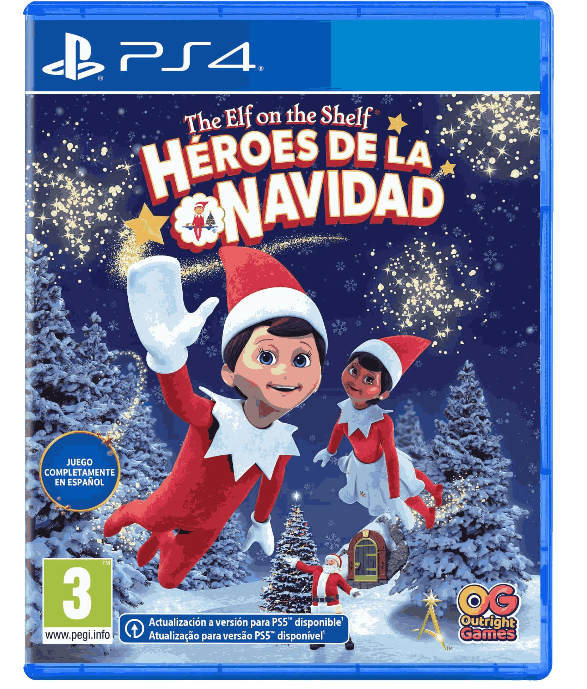 Funda de juego PS4: Dos elfos, árboles, nieve, estrellas y Santa. "Heroes de la Navidad".