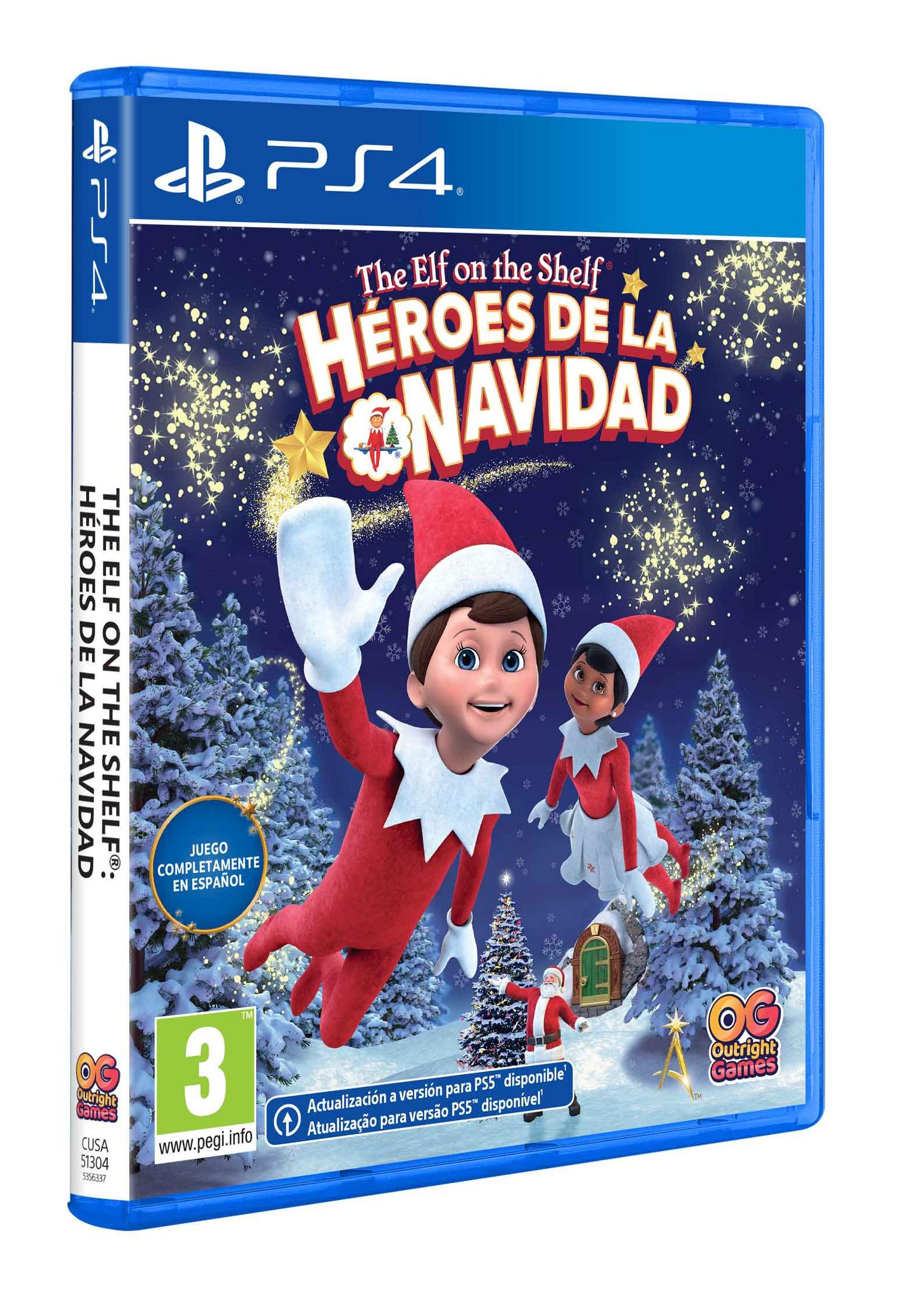 Juego PS4 "The Elf on the Shelf: Héroes de la Navidad" con dos elfos ante árboles nevados.