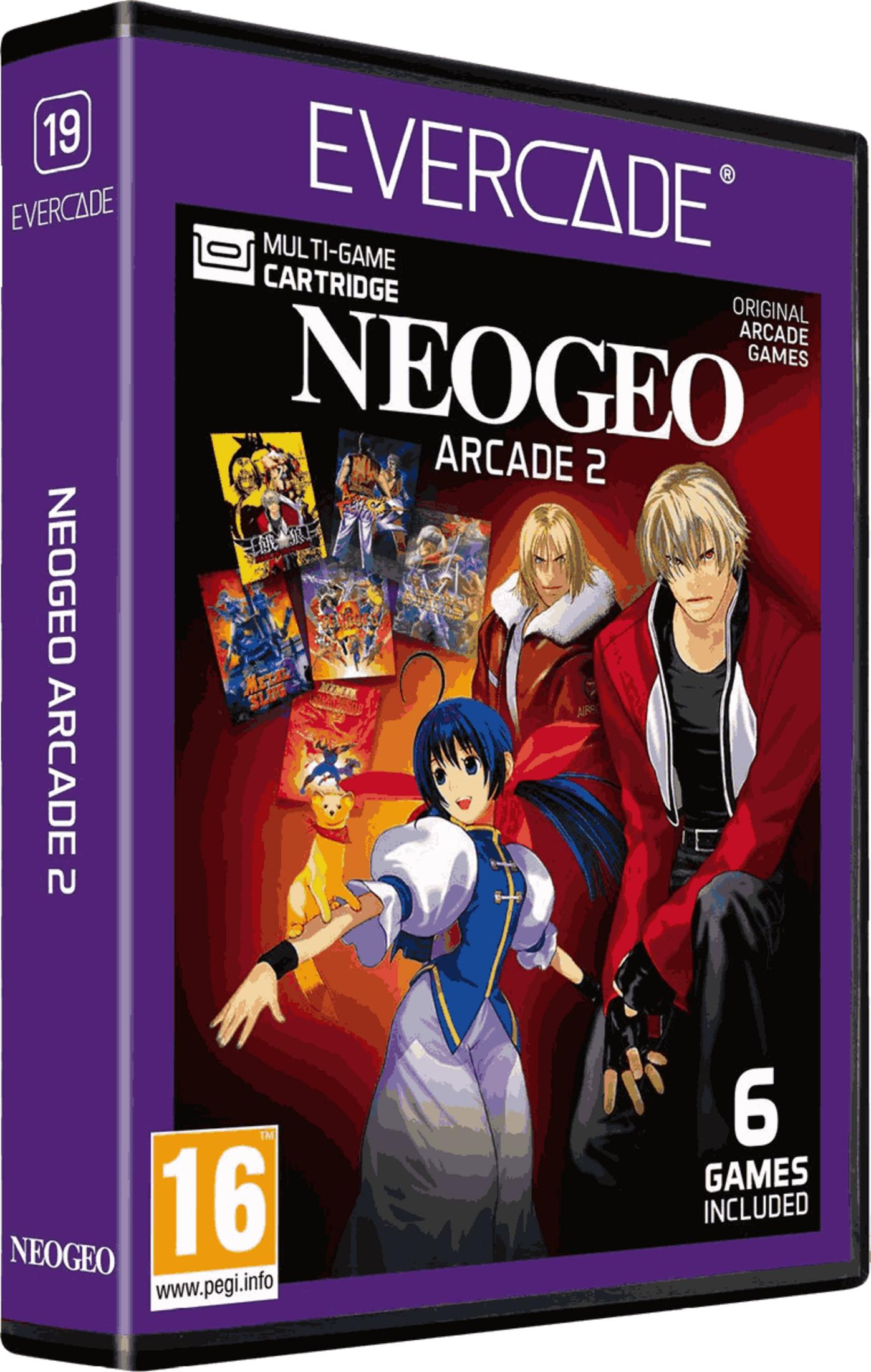 Custodia gioco Evercade NEOGEO Arcade 2 con personaggi e copertine.