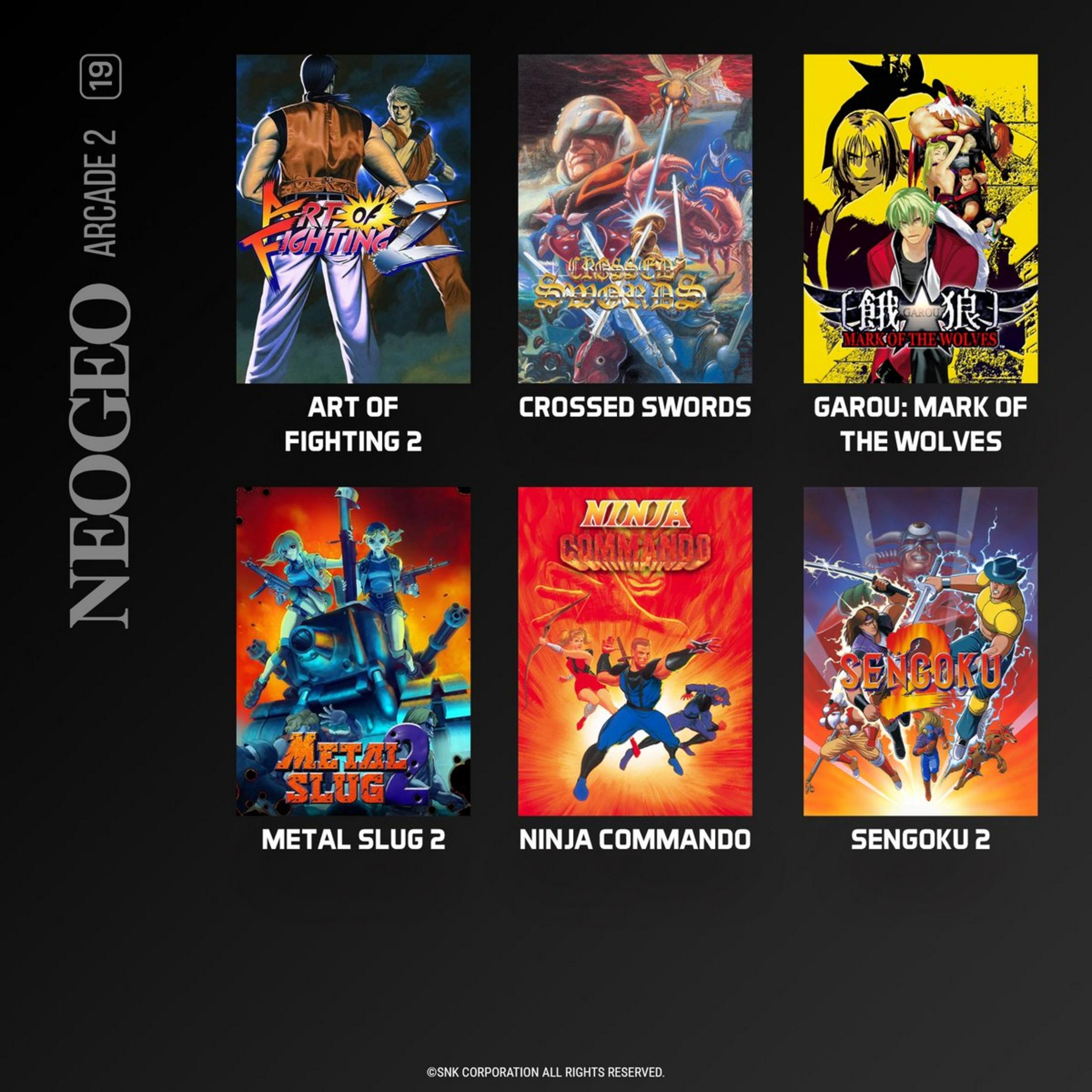 Sei copertine di videogiochi: Art of Fighting 2, Crossed Swords, Garou, Metal Slug 2, Ninja Commando, Sengoku 2.