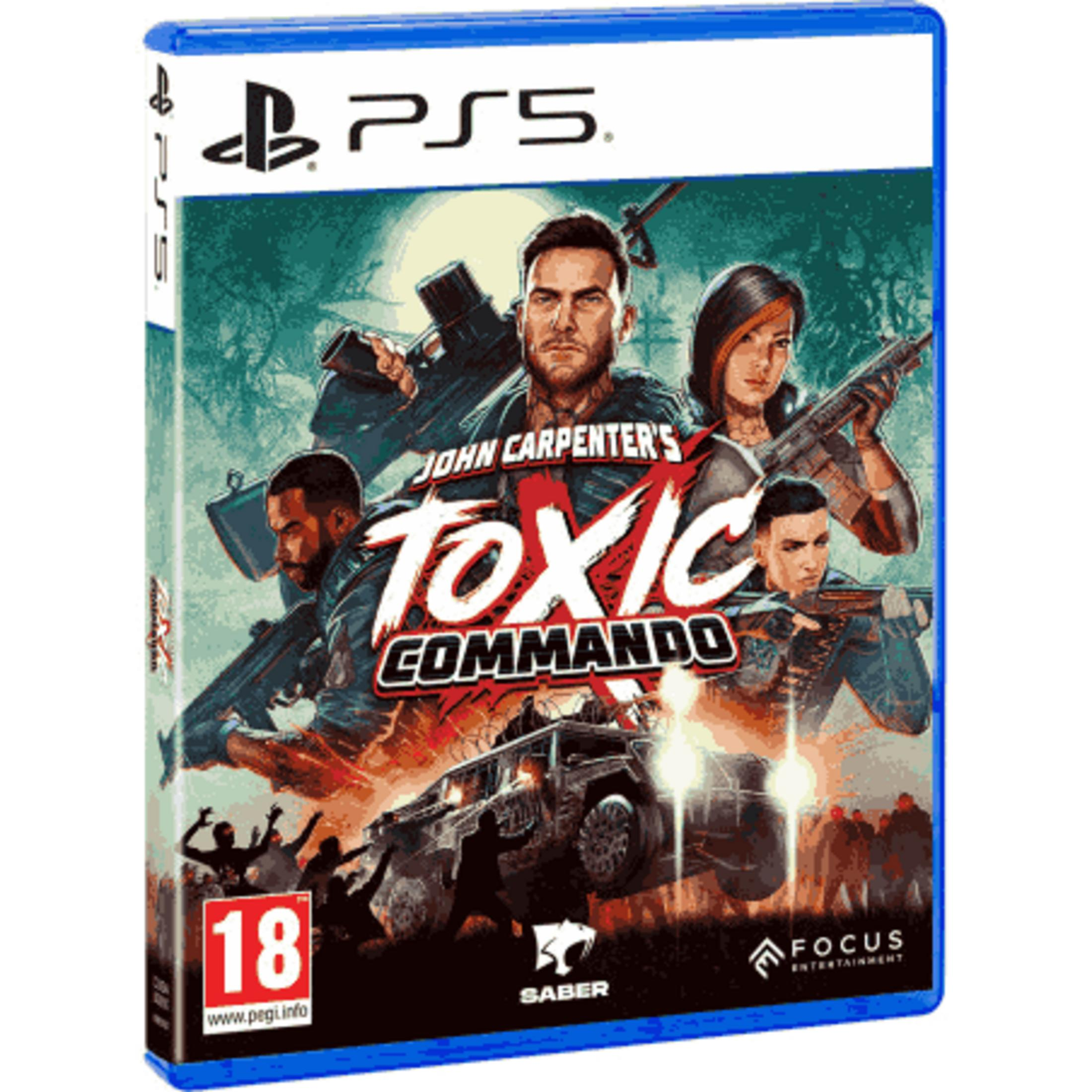 Copertina gioco PS5: Toxic Commando di John Carpenter con quattro personaggi, un veicolo e rating 18.