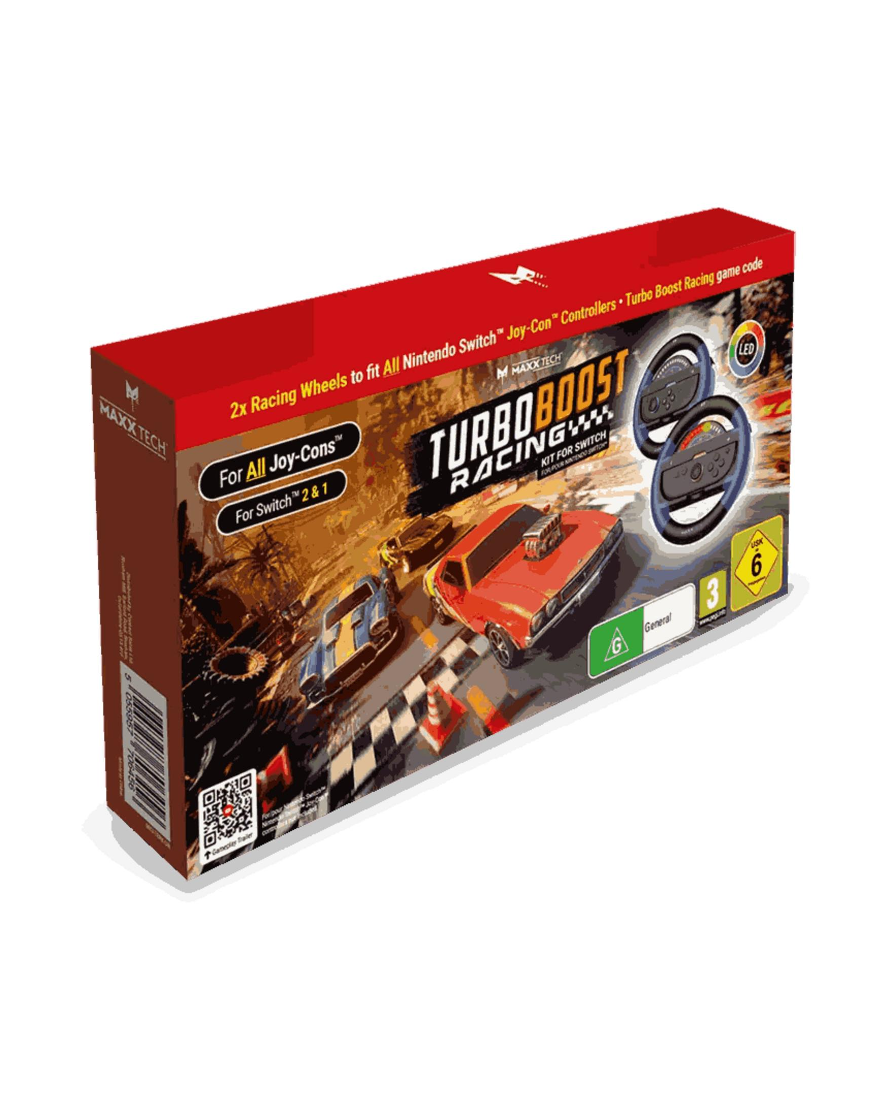 Copertina della scatola del kit di gioco Turbo Boost Racing per Nintendo Switch. Mostra auto rosse e blu.