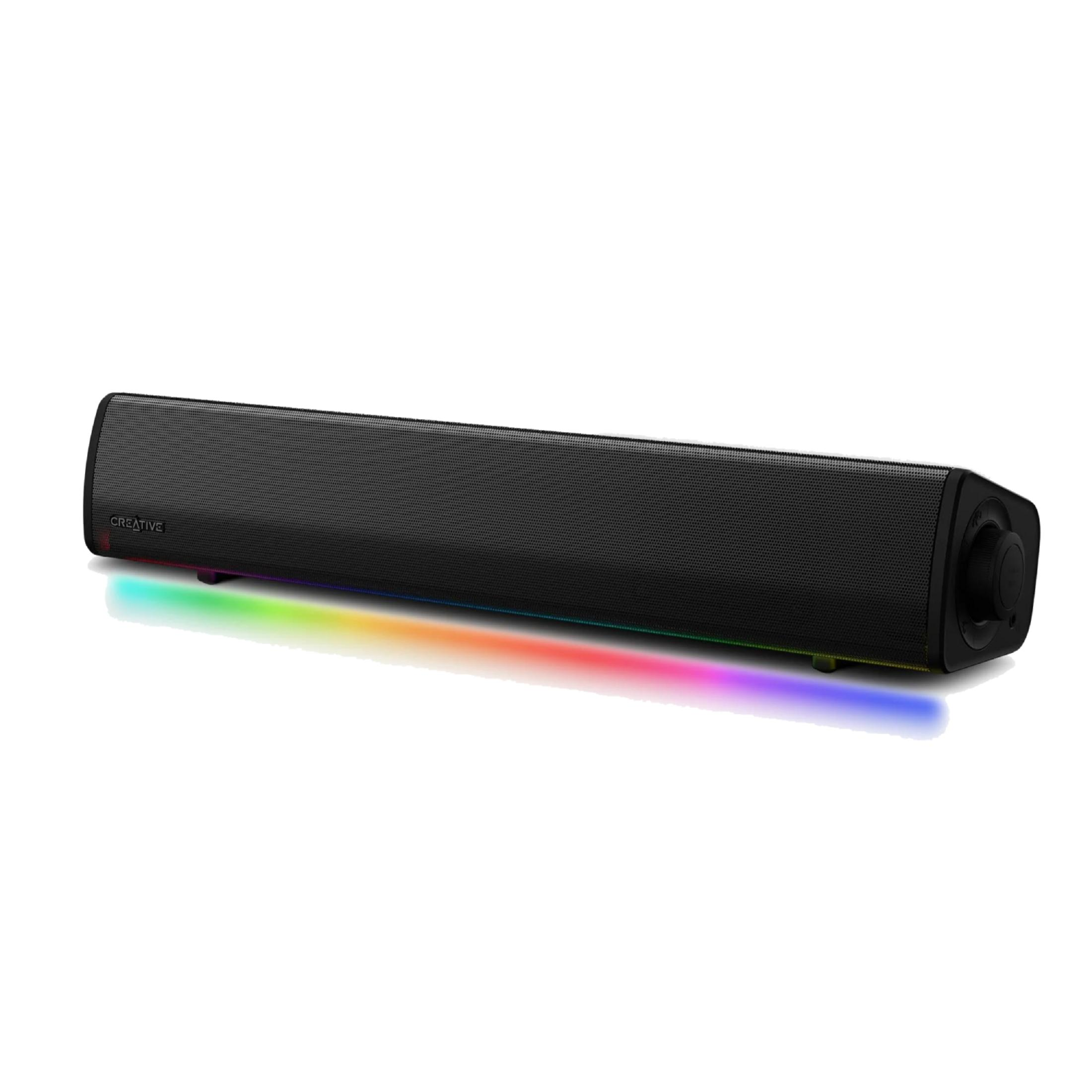 Altoparlante nero con illuminazione RGB su sfondo bianco.