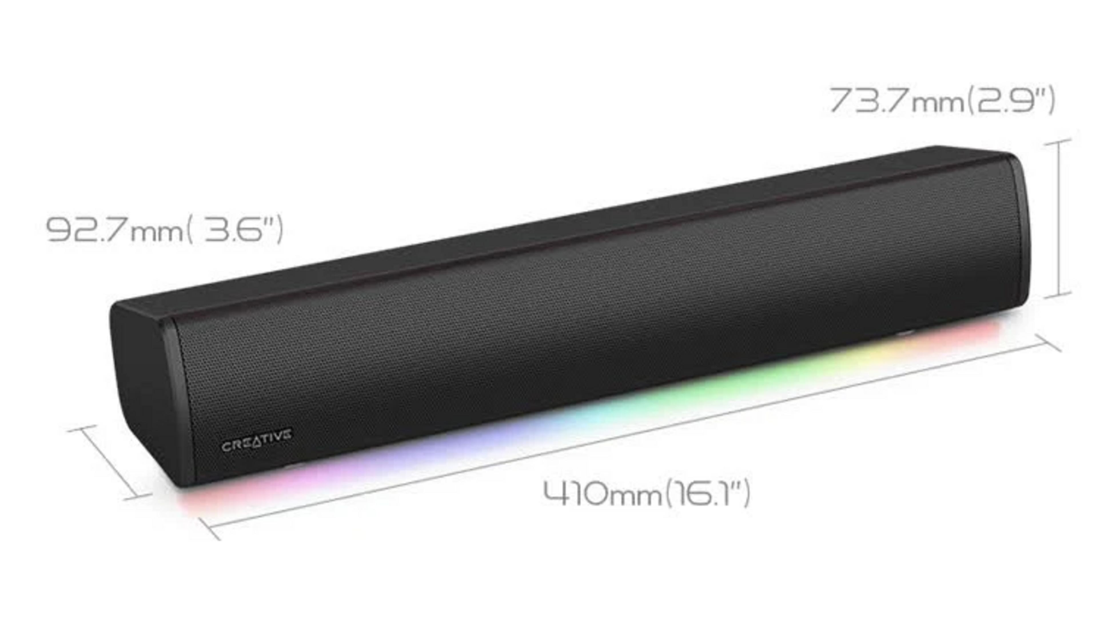 Soundbar nera con illuminazione RGB. Dimensioni: 410x92,7x73,7mm.