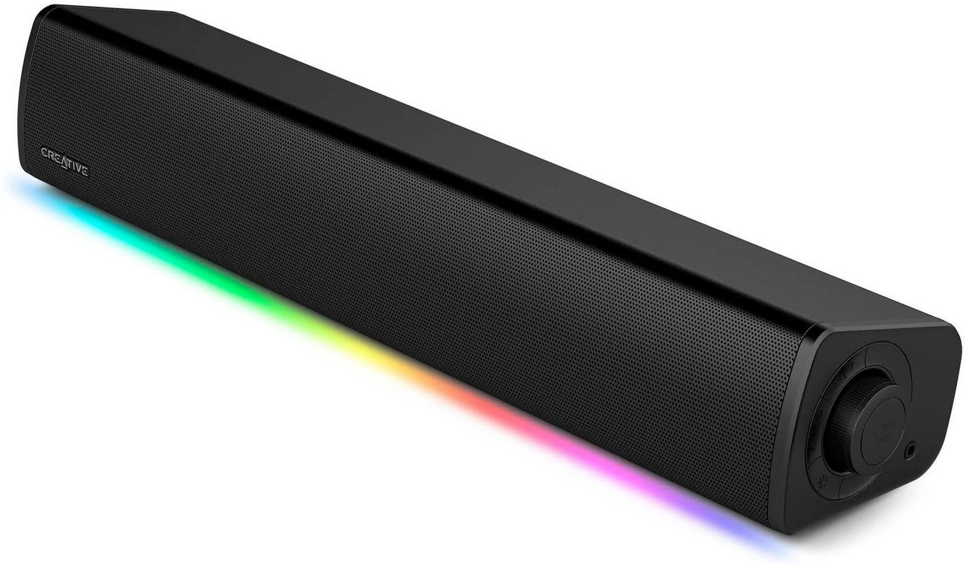 Soundbar Creative nera con griglia altoparlante testurizzata e illuminazione LED arcobaleno.