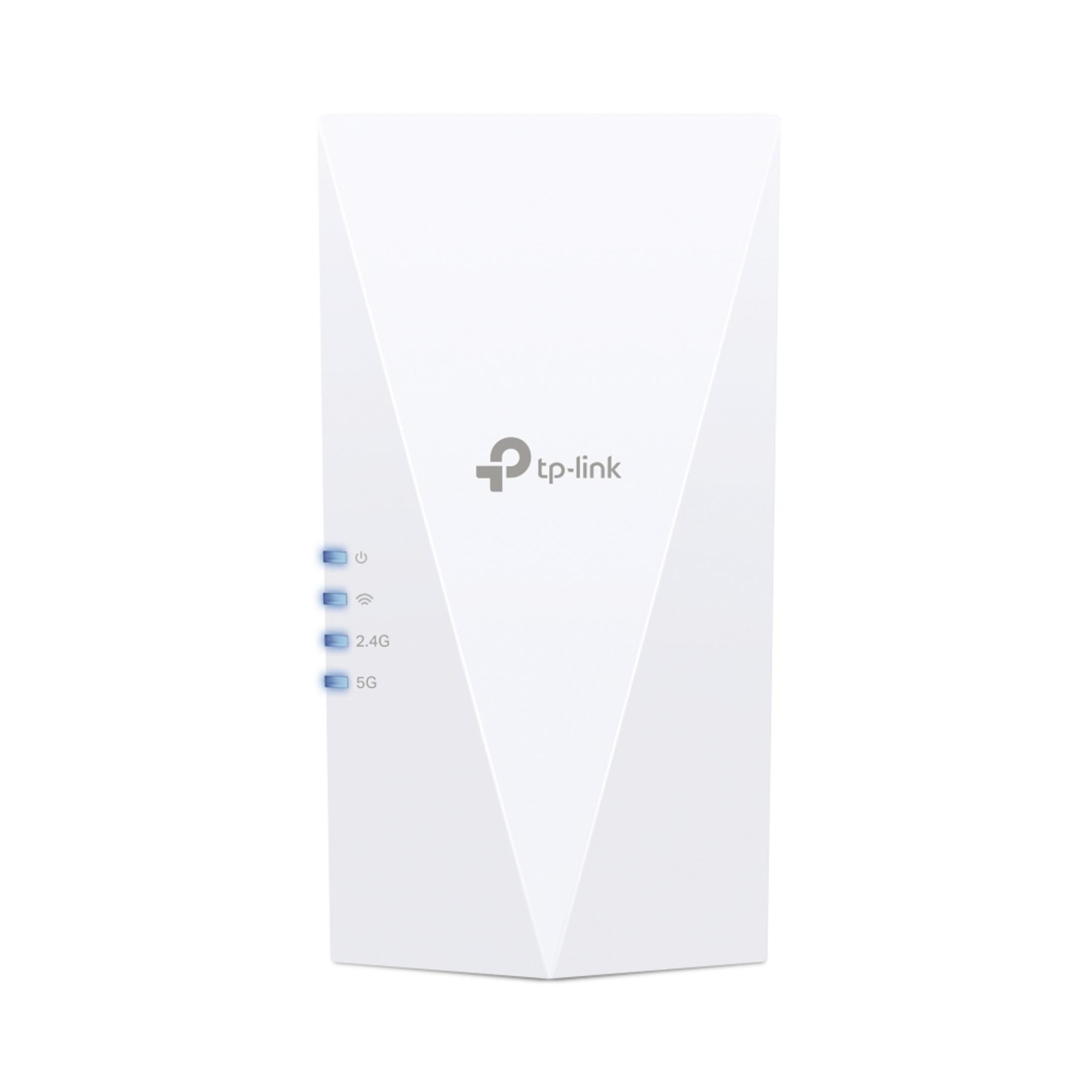 Un répéteur Wi-Fi TP-Link blanc avec indicateurs LED bleus pour alimentation, 2.4G et 5G.