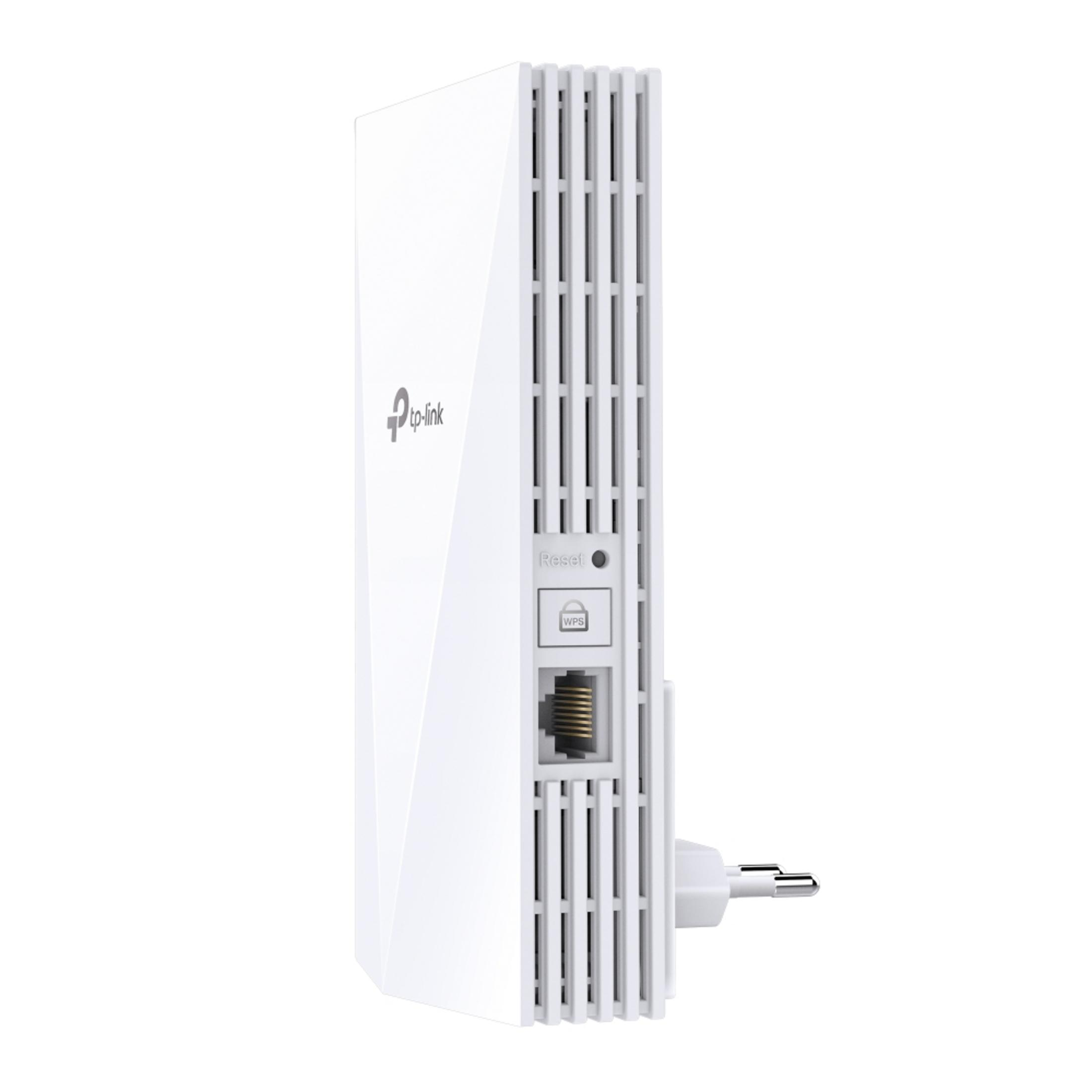 Un répéteur Wi-Fi TP-Link blanc avec bouton reset, WPS et port Ethernet.