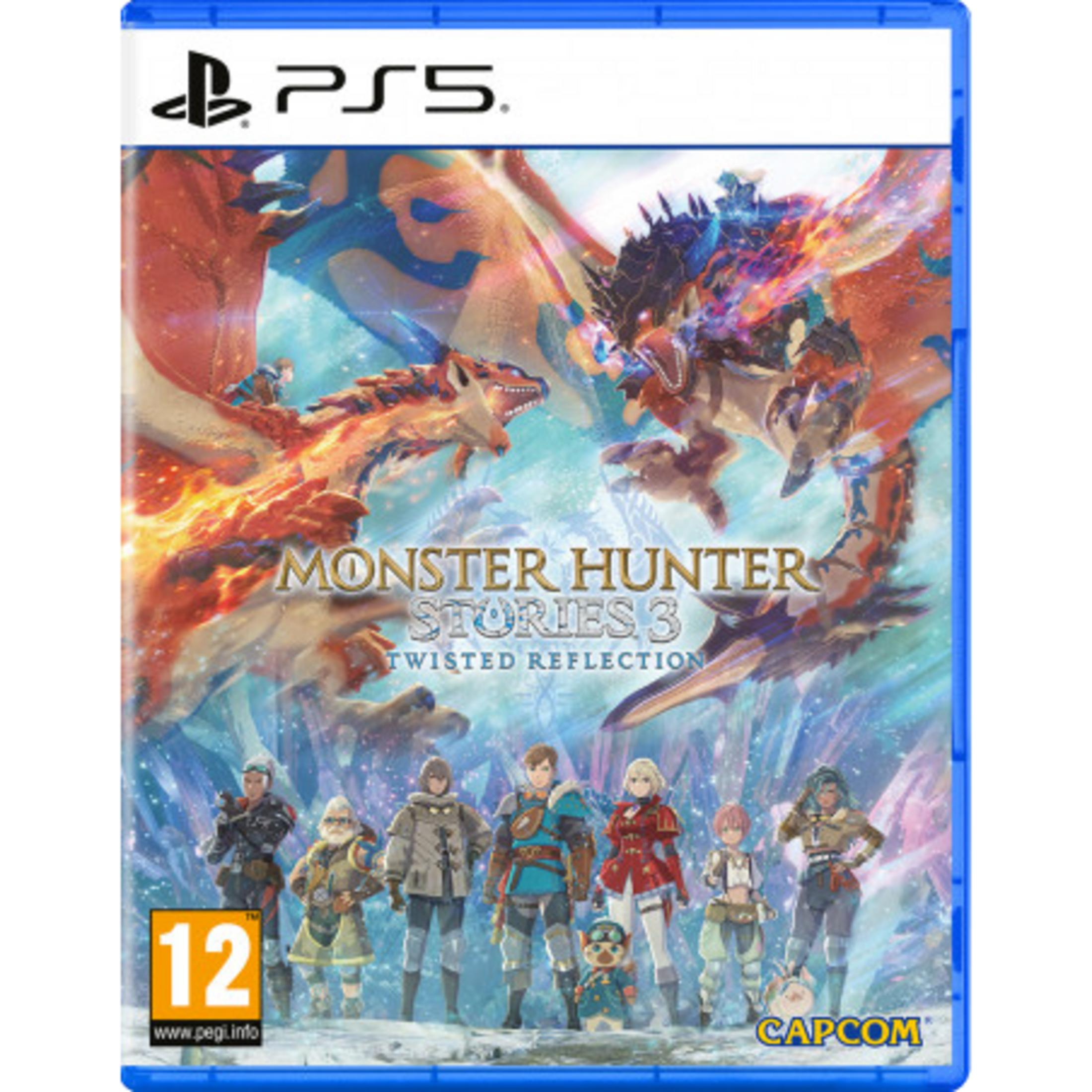 Copertina gioco PS5: Monster Hunter Stories 3 con personaggi e draghi.