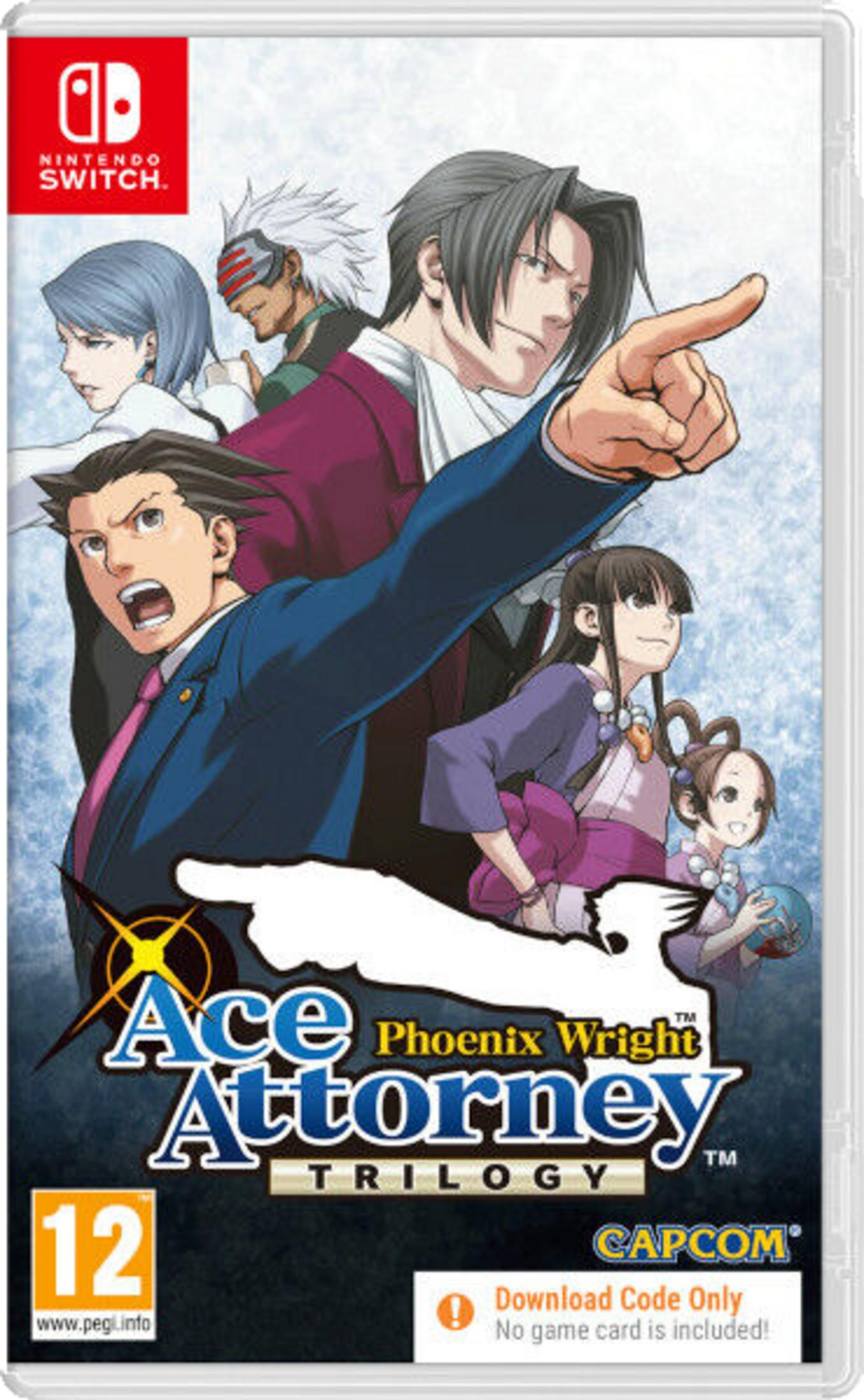 Okładka Ace Attorney Trilogy na Nintendo Switch z postaciami.