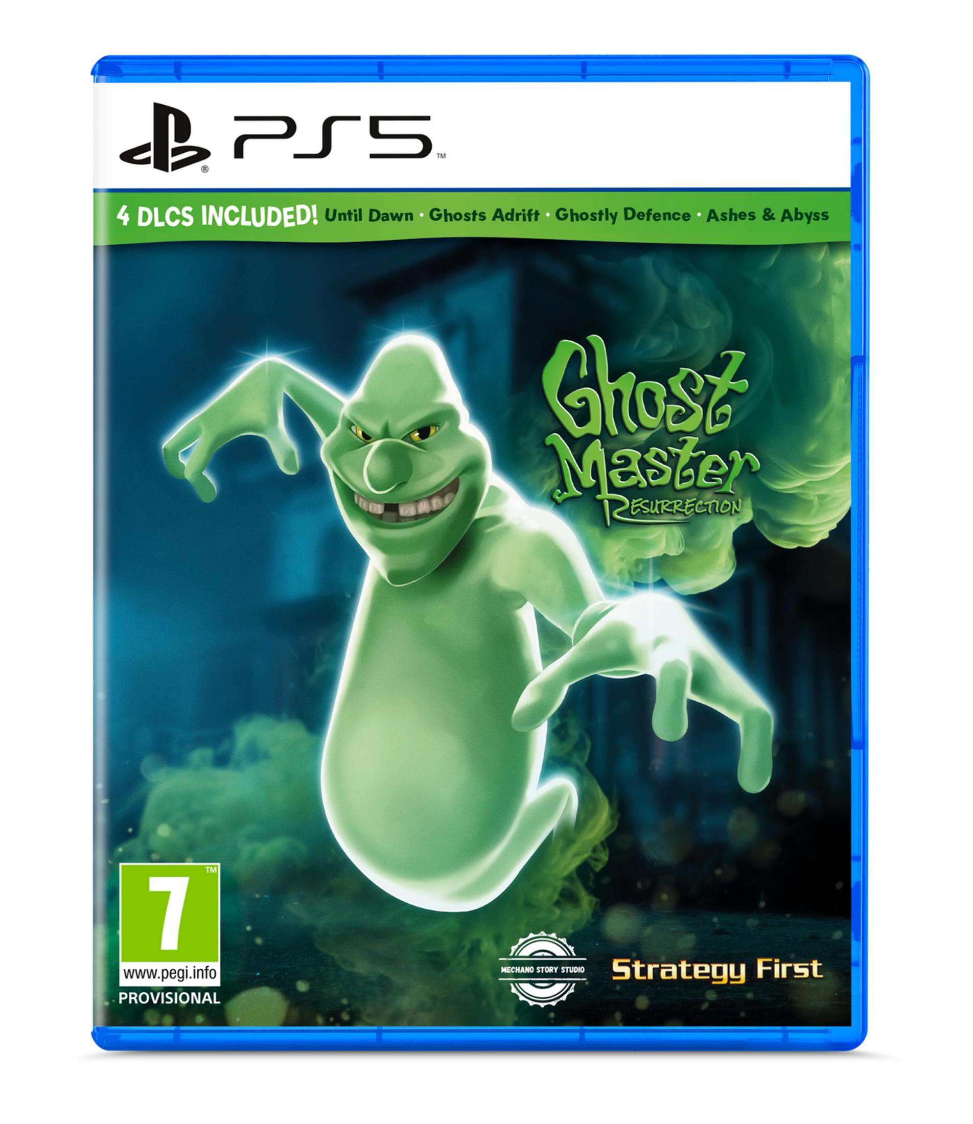 Copertina del gioco PS5 Ghost Master Resurrection con un fantasma verde.