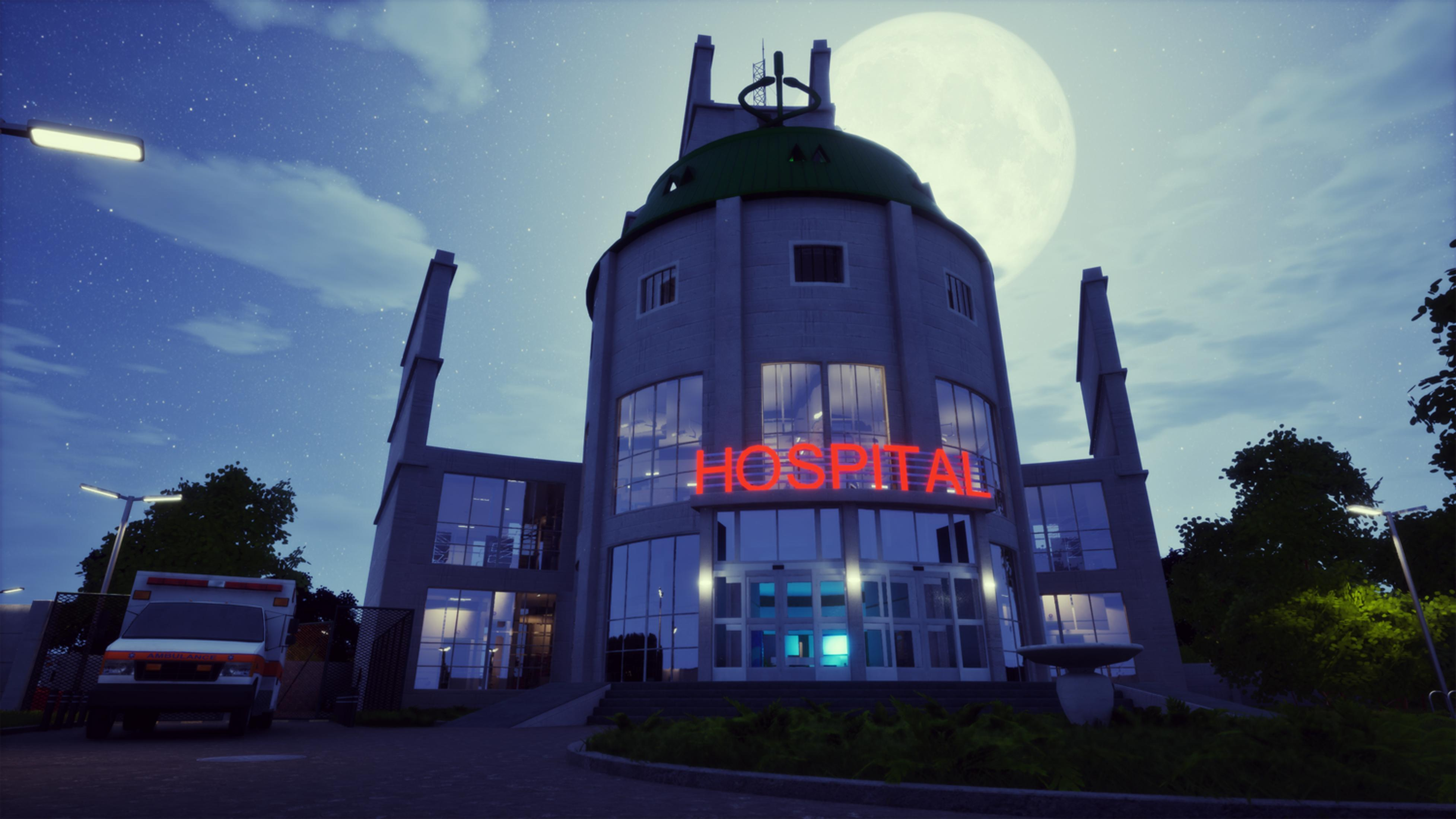 Un hospital con letrero de NEÓN rojo por la noche bajo la luna llena. Una ambulancia aparcada.