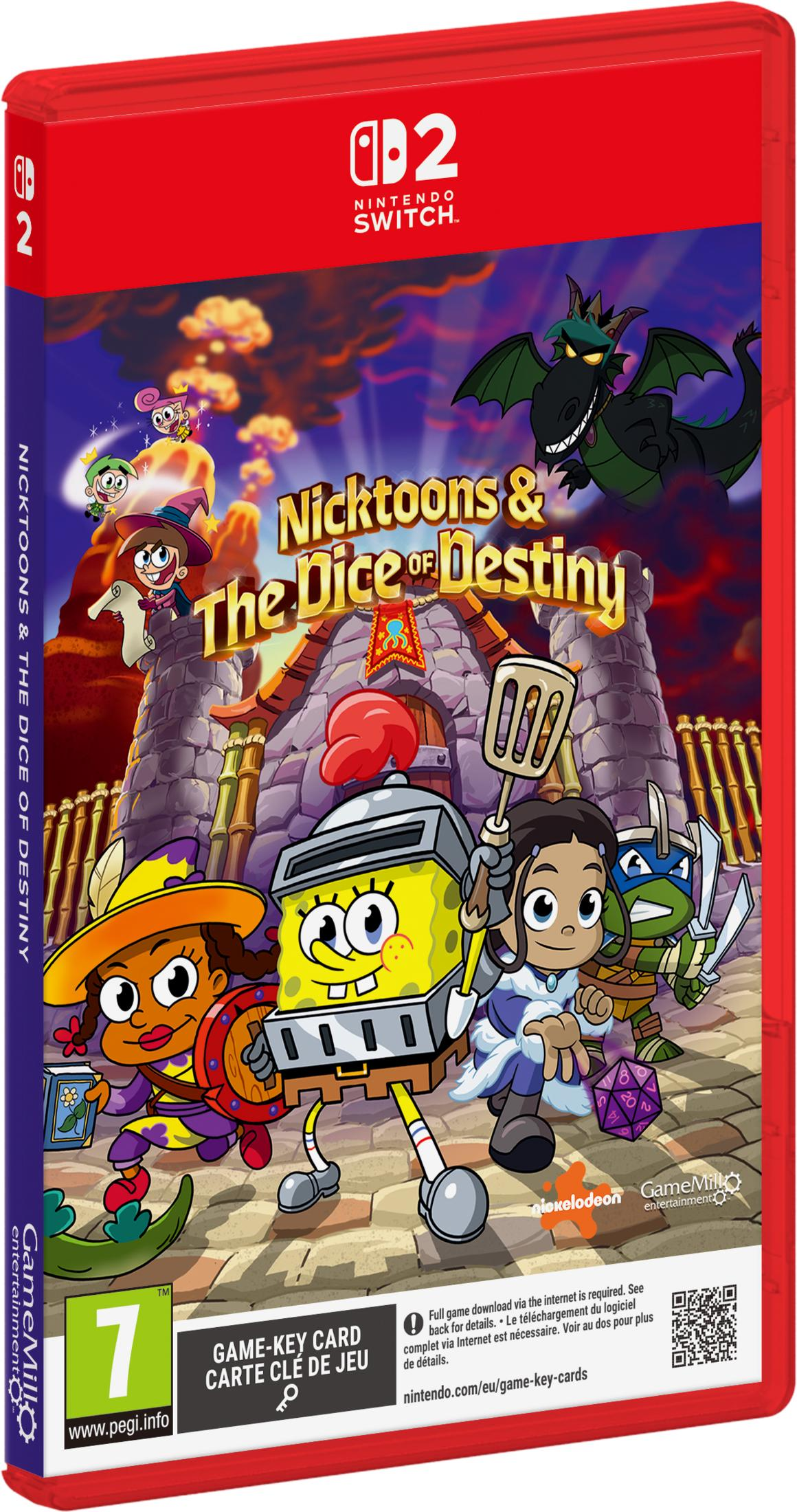 Copertina del gioco Nintendo Switch con personaggi Nicktoons davanti a un castello e un drago.