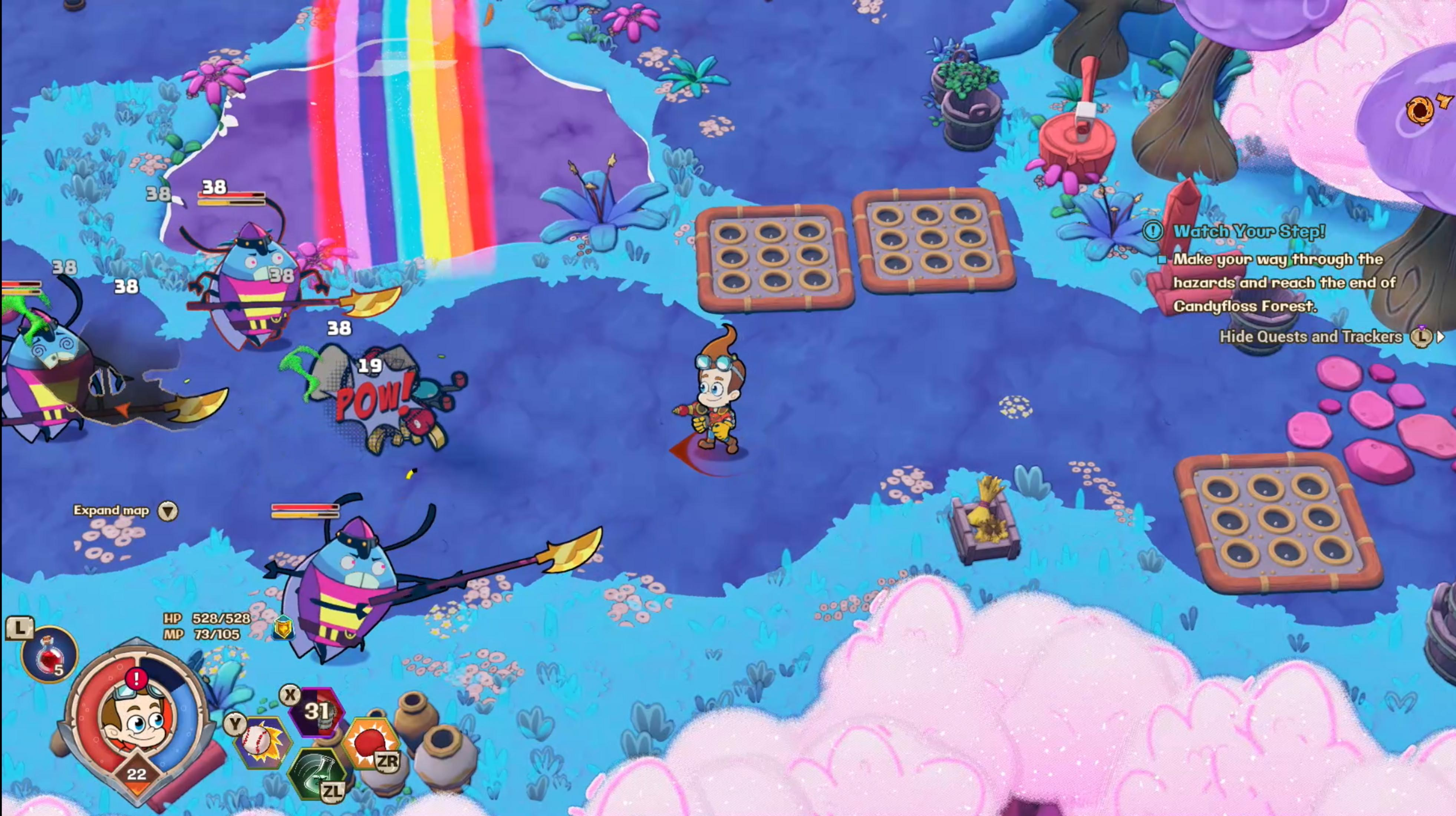 Un ragazzo in giallo combatte contro insetti viola e gialli in un mondo fantasy con un arcobaleno.