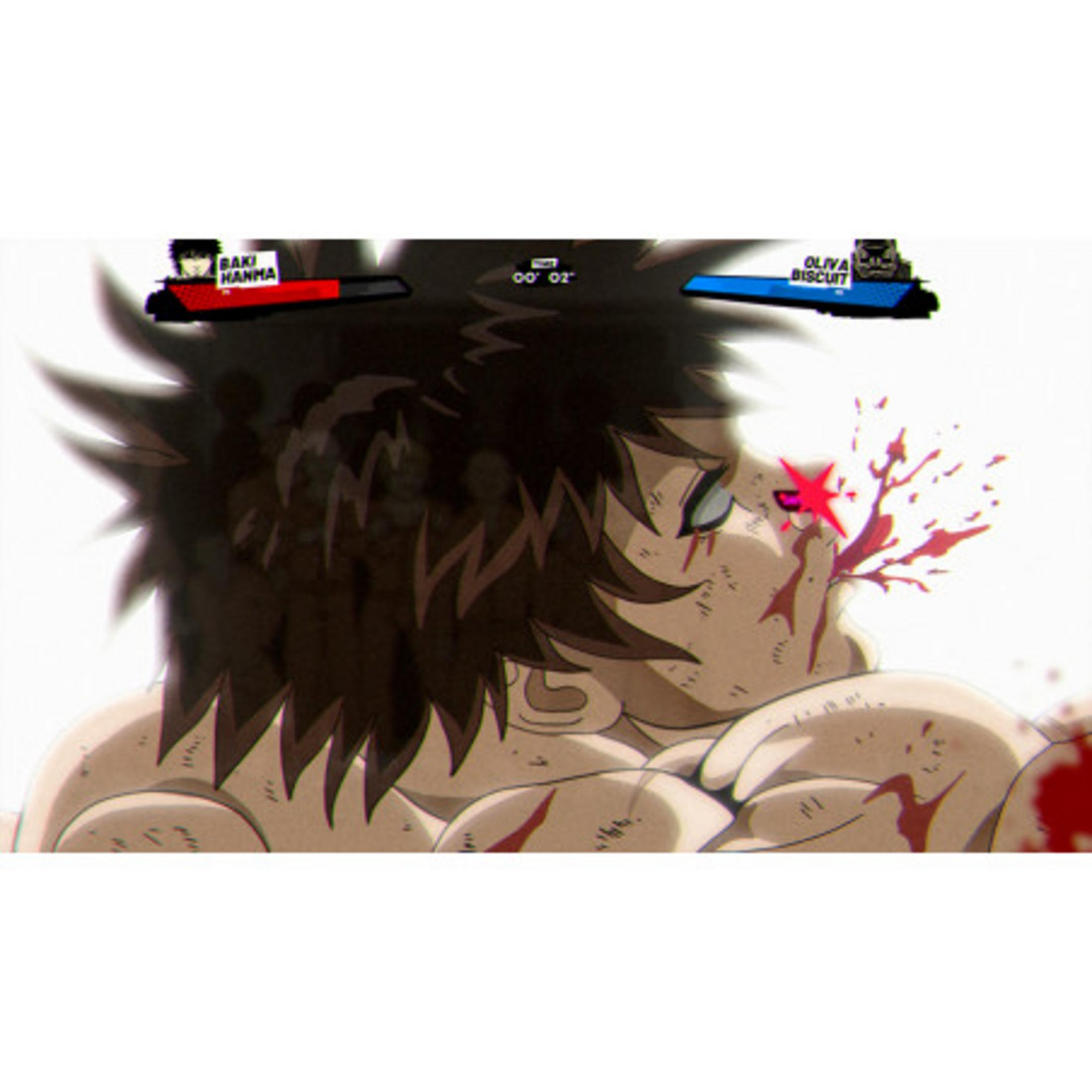 Personaggio anime sanguinante con pelle lacerata, primo piano.