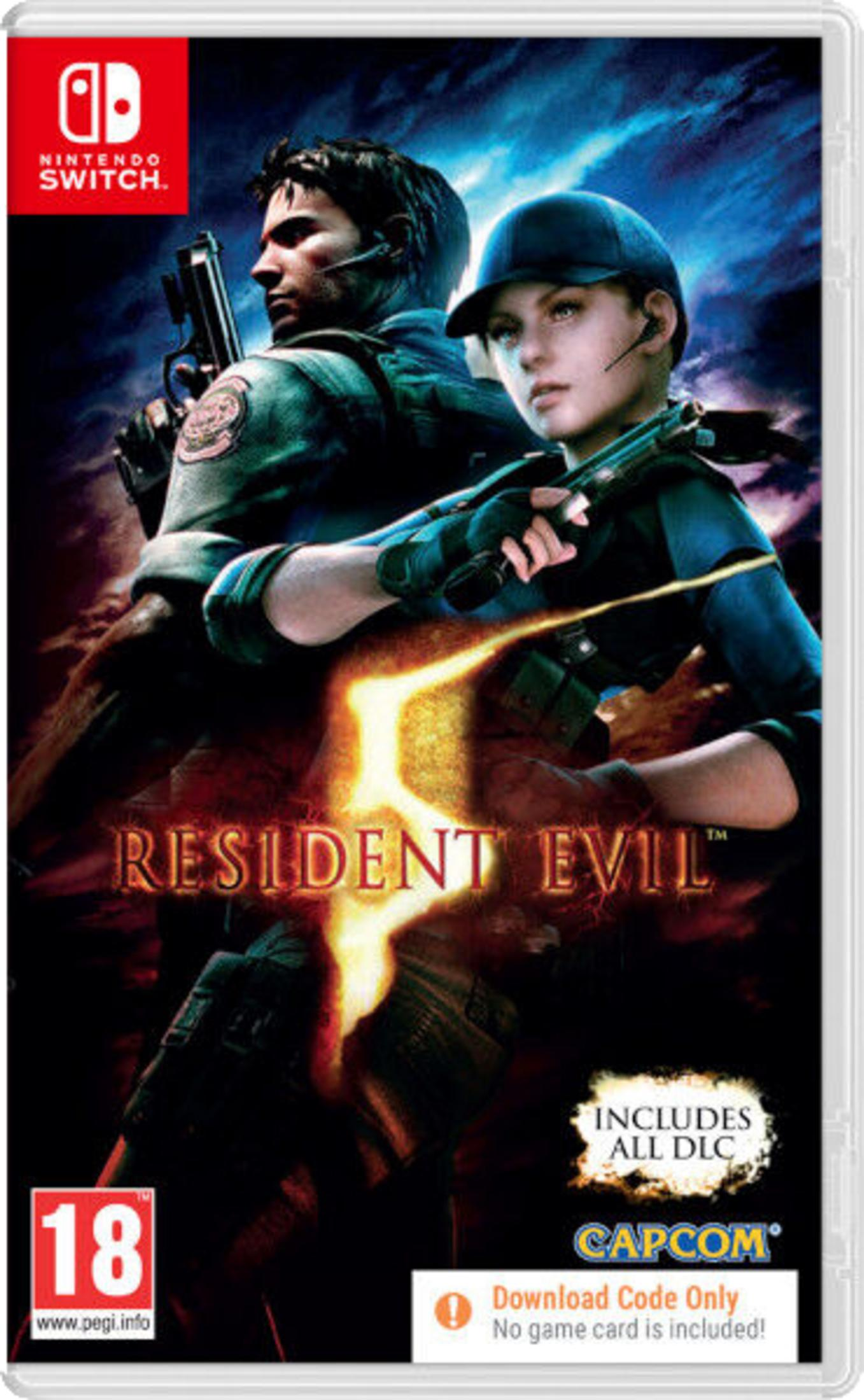 Copertina Resident Evil: Uomo e donna con armi, logo Nintendo Switch.