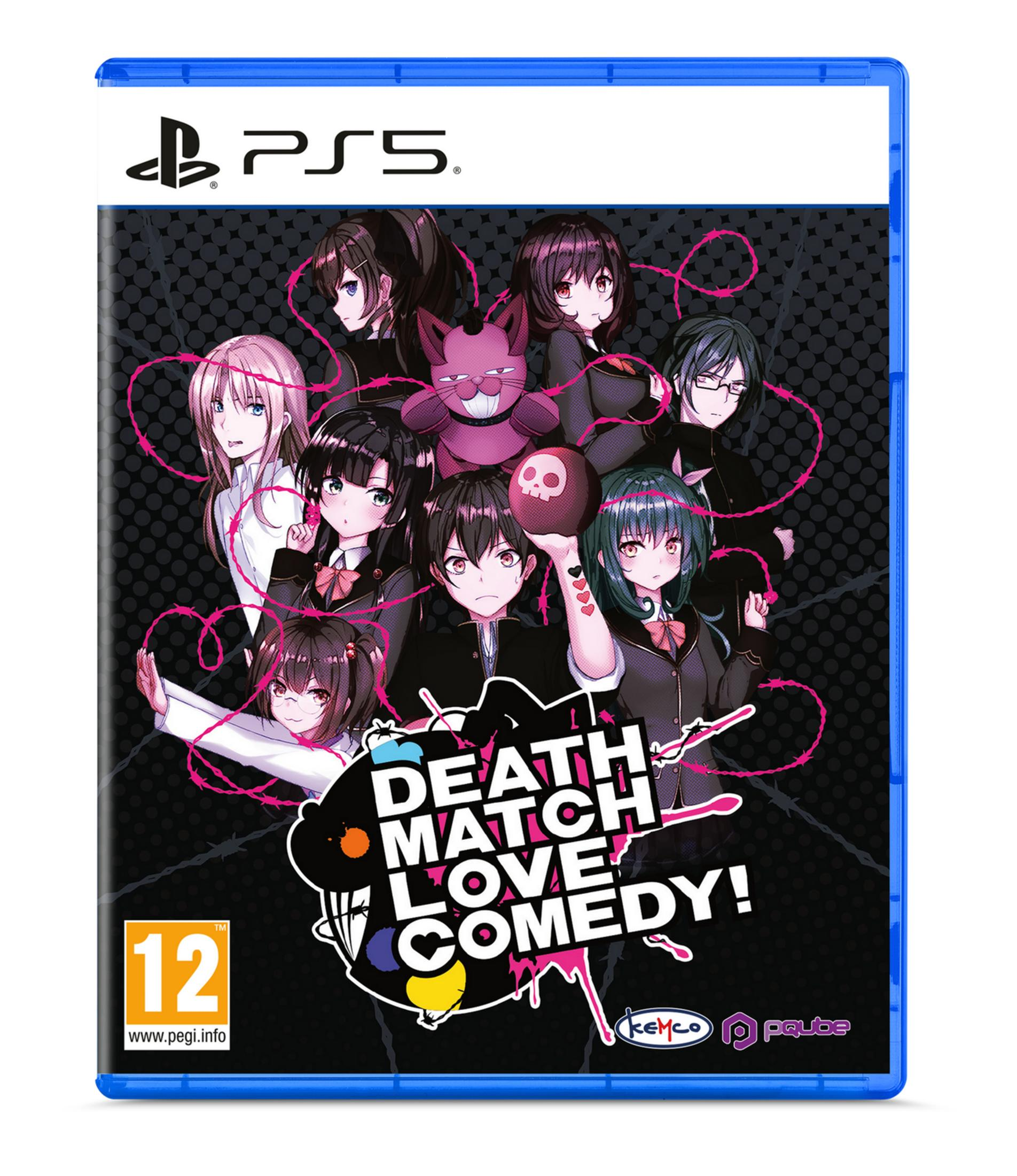 Copertina gioco PS5 con personaggi anime, titolo 'Death Match Love Comedy!' e classificazione PEGI 12.