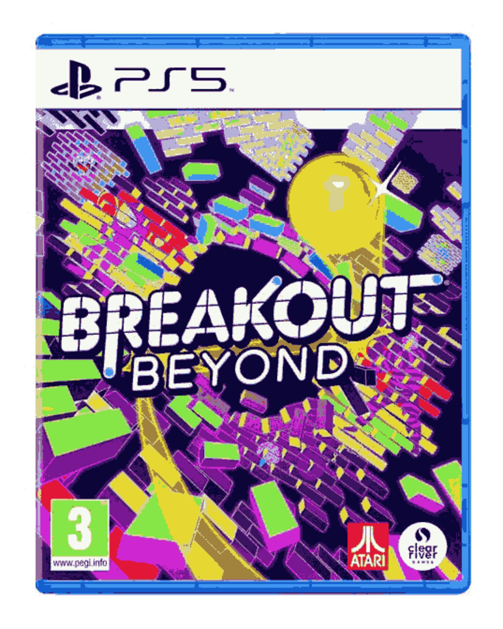 Gioco PS5 "Breakout Beyond" con forme geometriche colorate e loghi.
