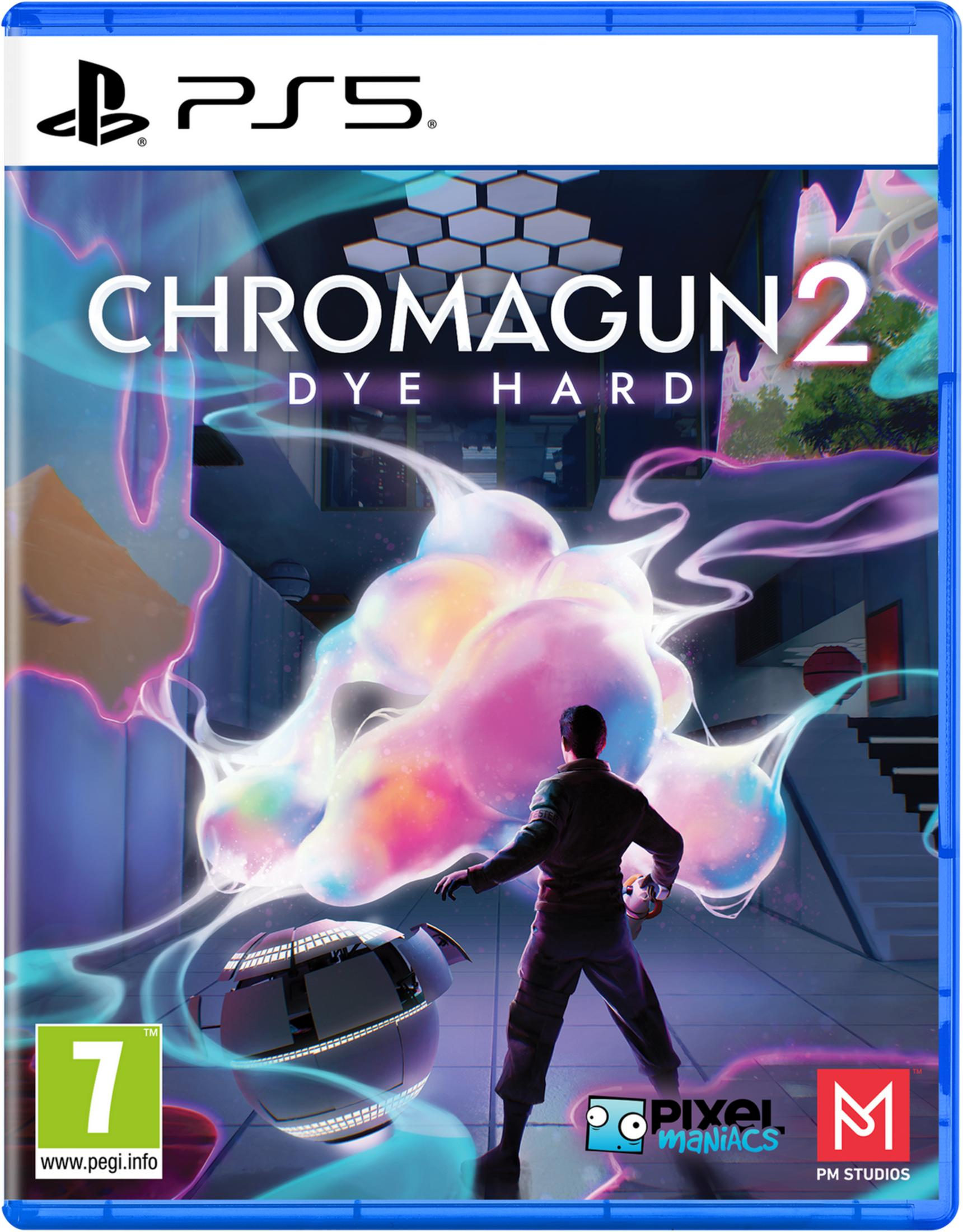 Un uomo davanti a una grande massa gelatinosa colorata. Logo PS5 in alto.