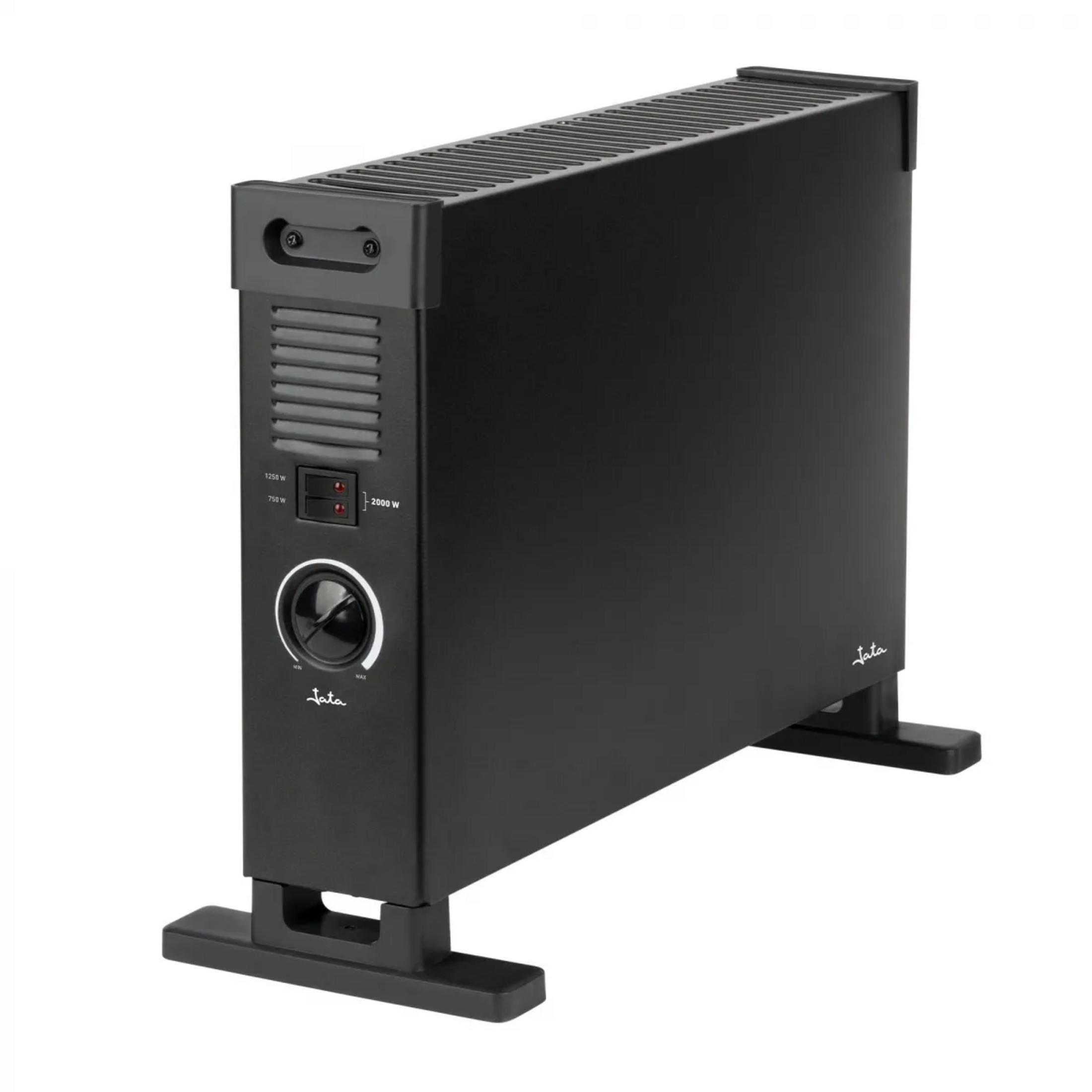 Calefactor negro y rectangular con rejillas, dial y dos interruptores sobre fondo blanco.