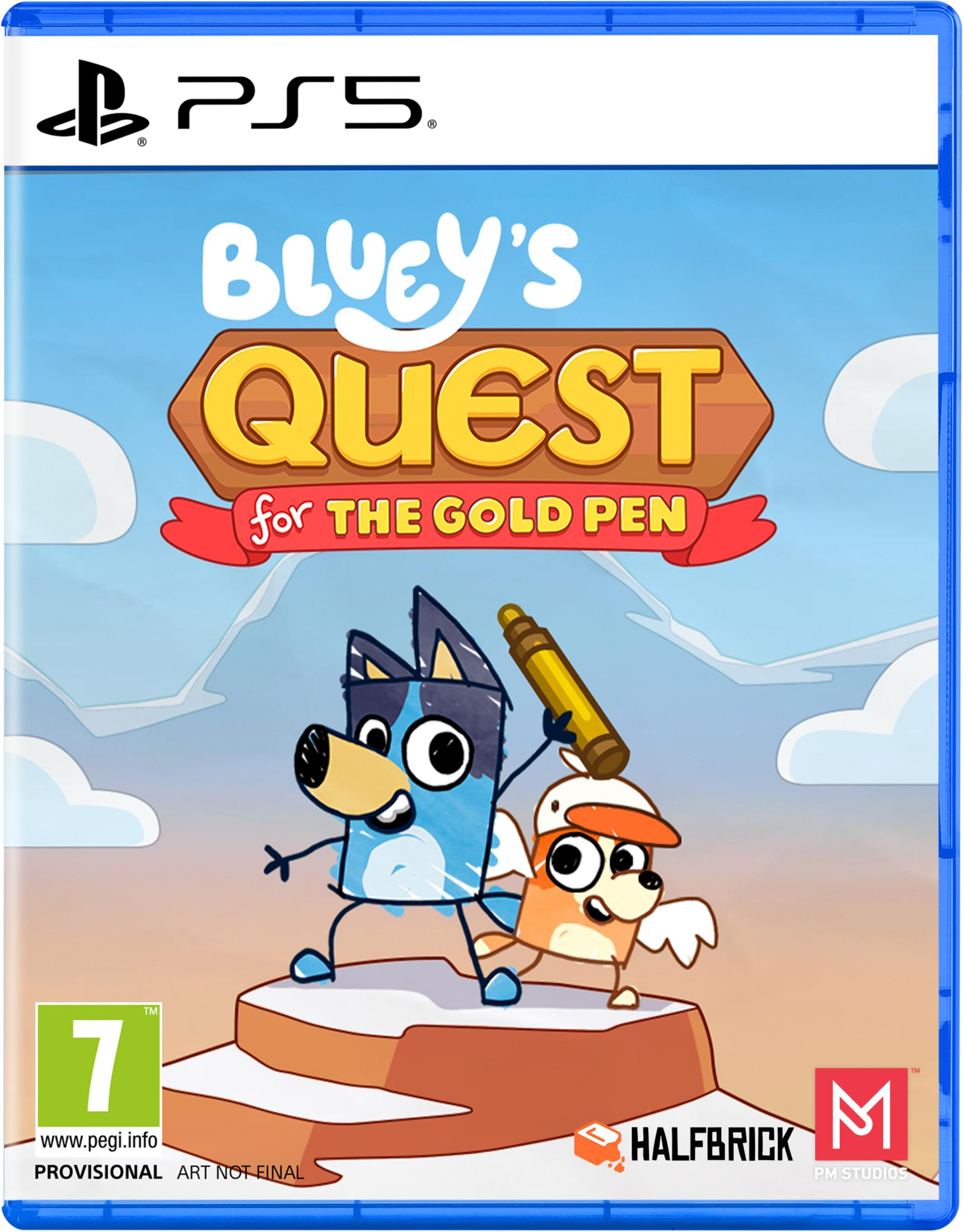Bluey e Bingo su una piattaforma arancione che tengono una penna d'oro.