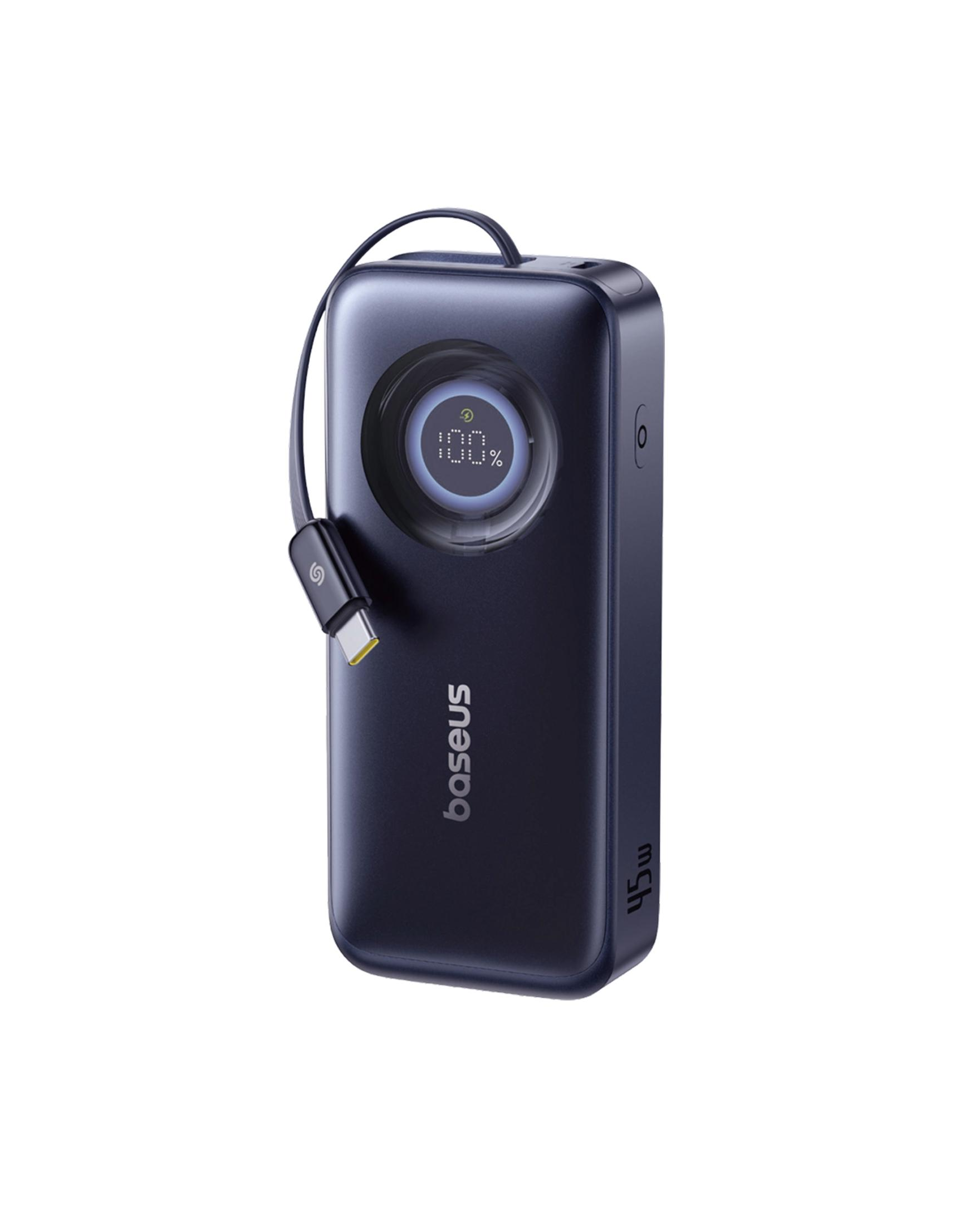 Caricatore Baseus blu scuro con cavo USB-C e display di carica al 100%.