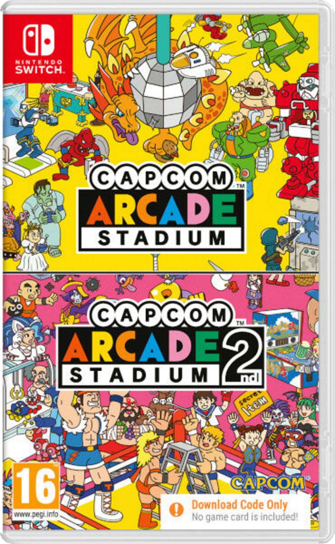 Custodia Nintendo Switch con Capcom Arcade Stadium 1 e 2, personaggi colorati.