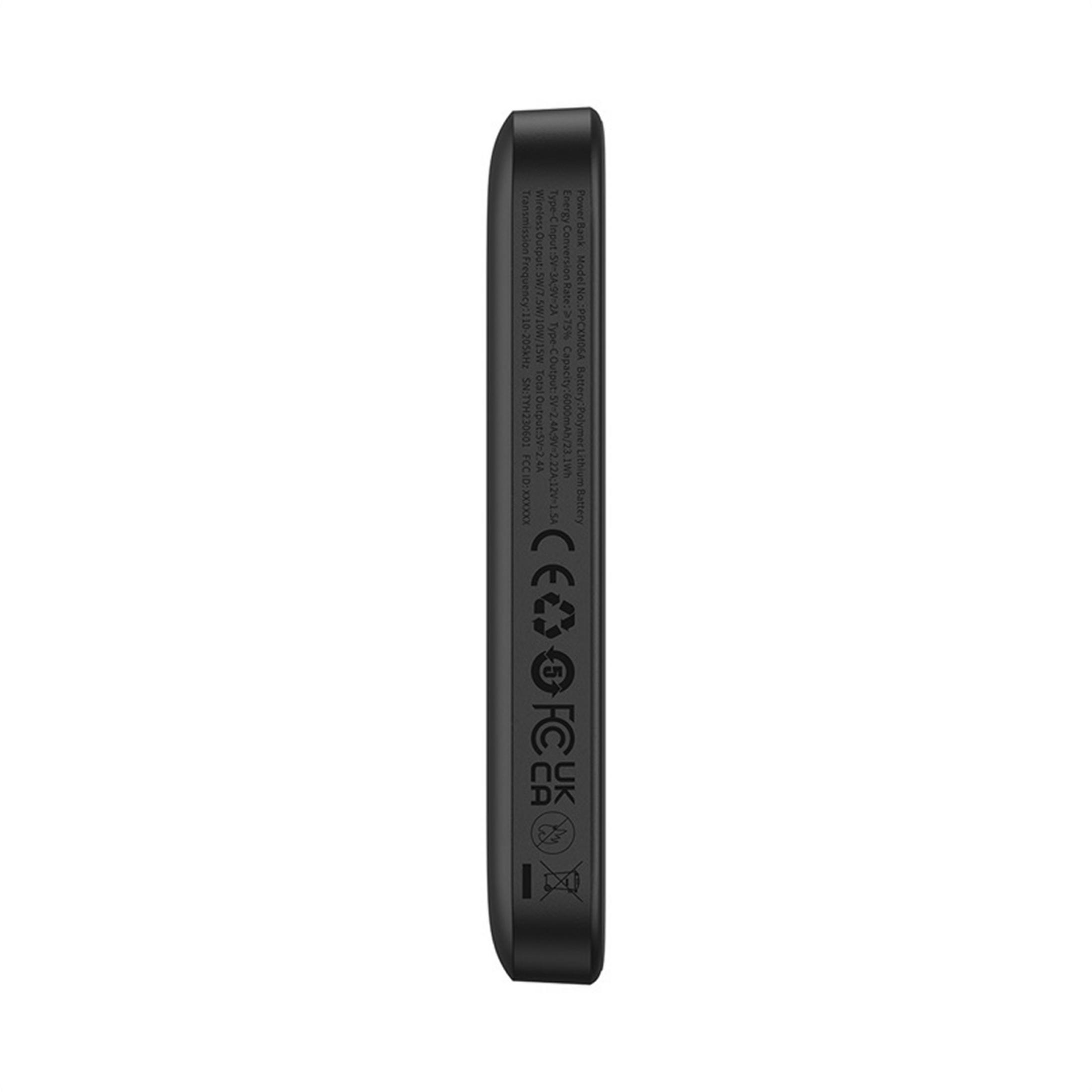 Schwarzes Powerbank-Gehäuse mit technischen Daten und CE-, UK-, FC-Zertifizierungszeichen.