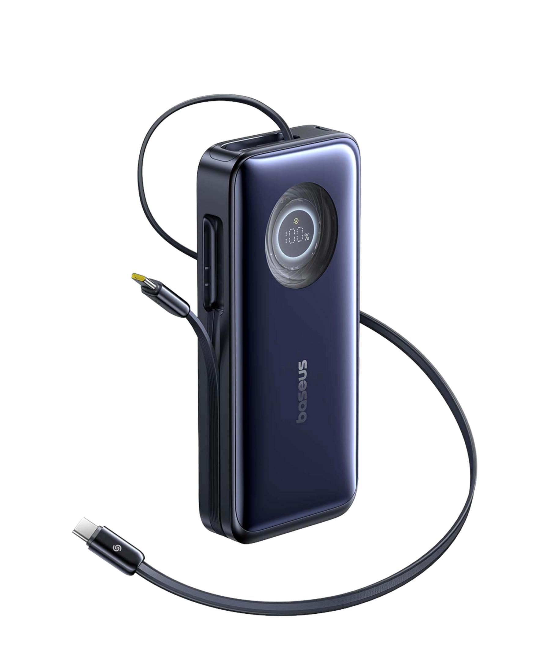 Caricatore Baseus blu scuro con cavo e spina USB-C, carica al 100% visualizzata.