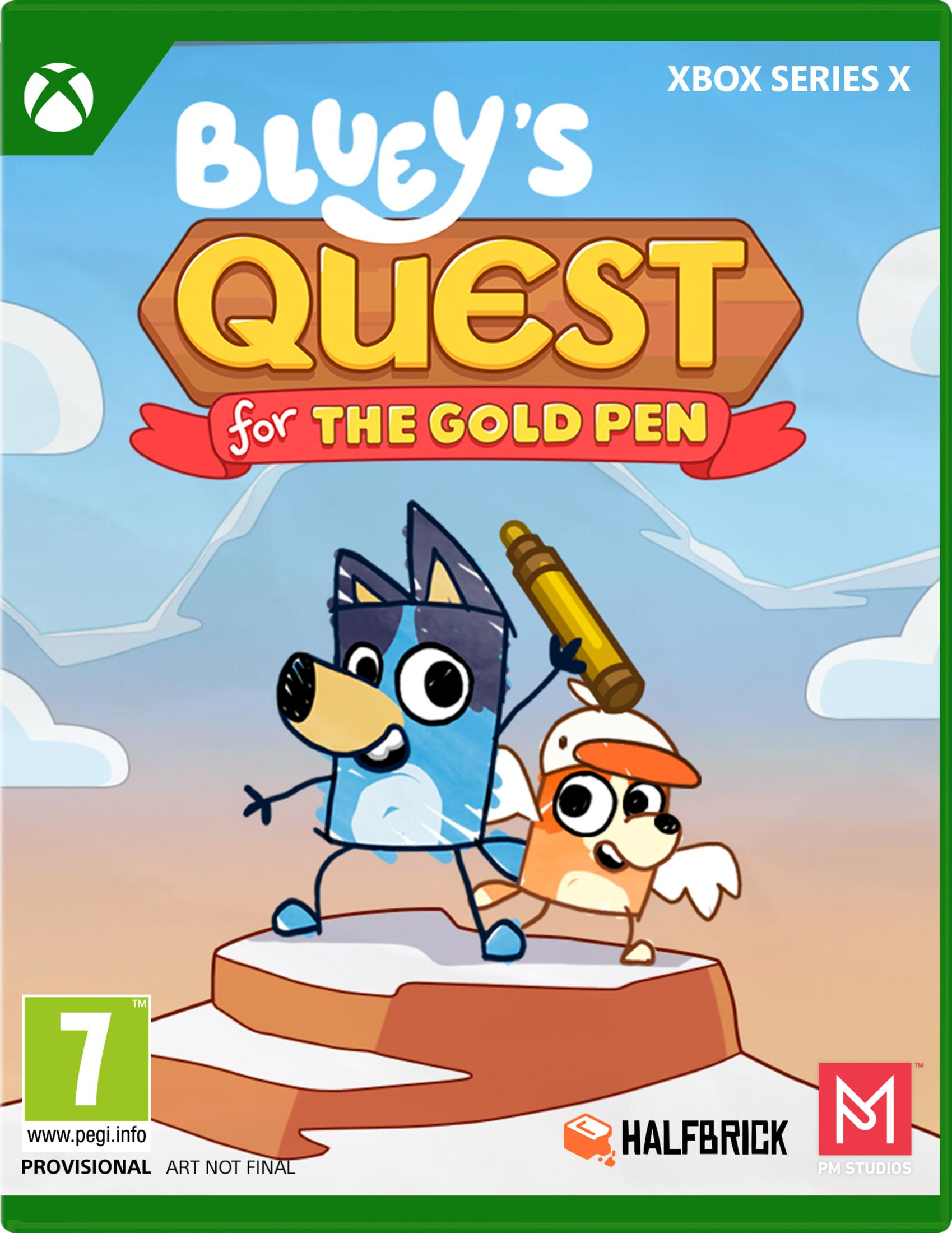 Bluey e Bingo tengono una penna dorata su un'isola con nuvole sullo sfondo.