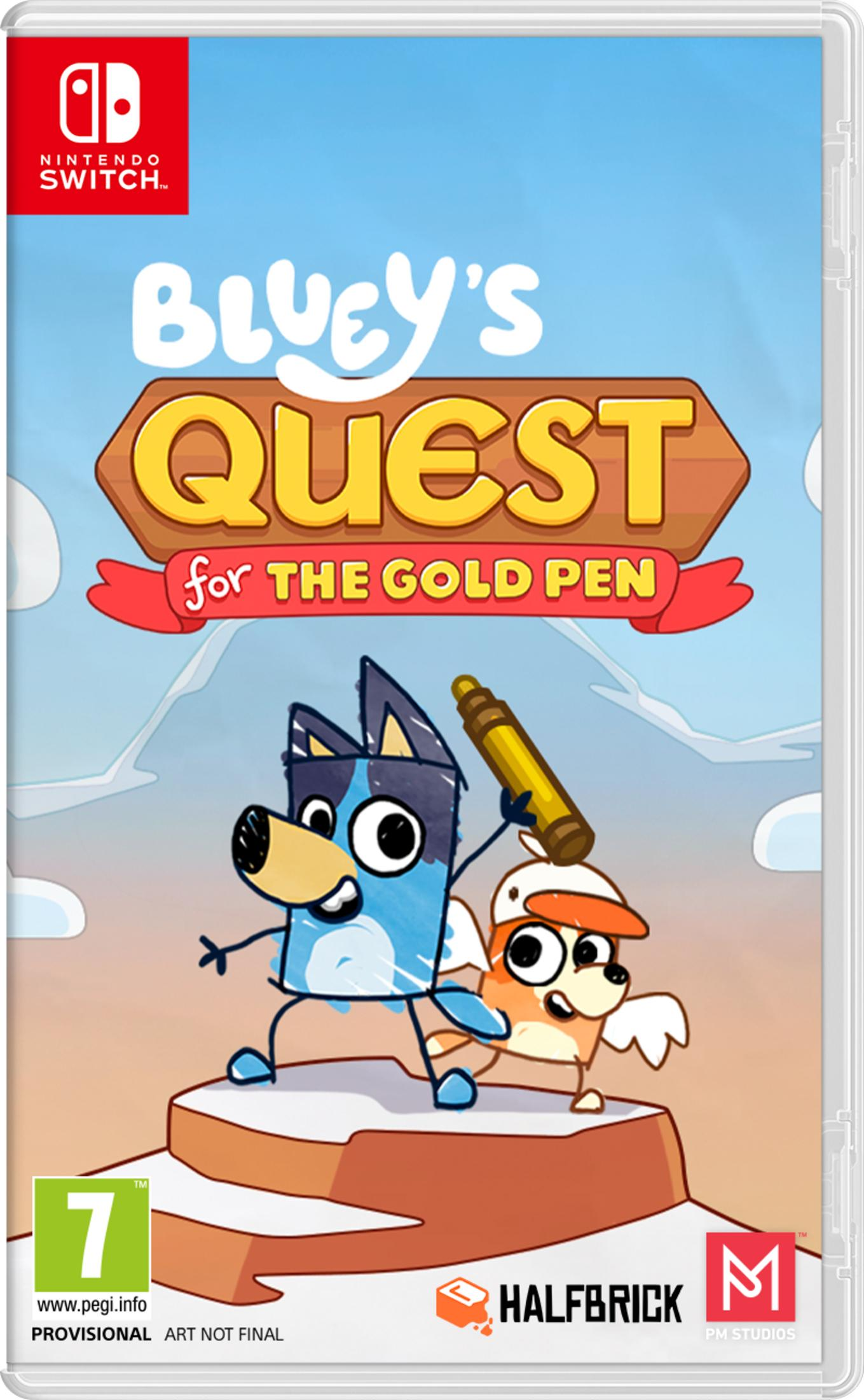 Bluey e Bingo su una piattaforma, che tengono una penna dorata. Copertina del gioco Nintendo Switch.