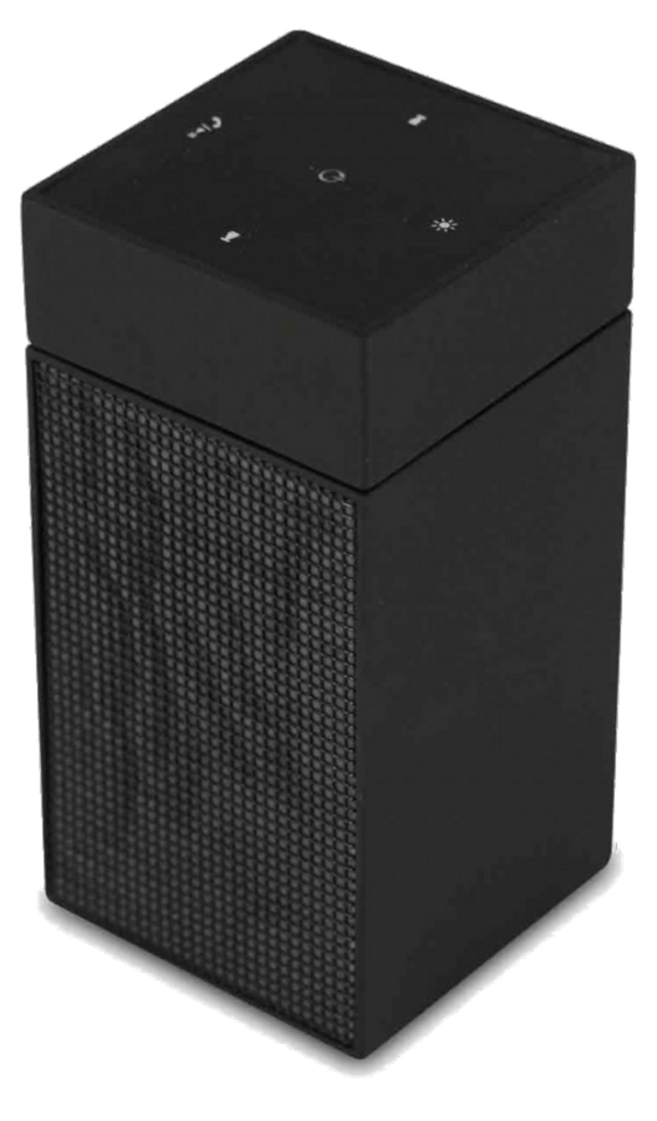 Un piccolo speaker nero con motivo a griglia sul davanti e controlli in cima.