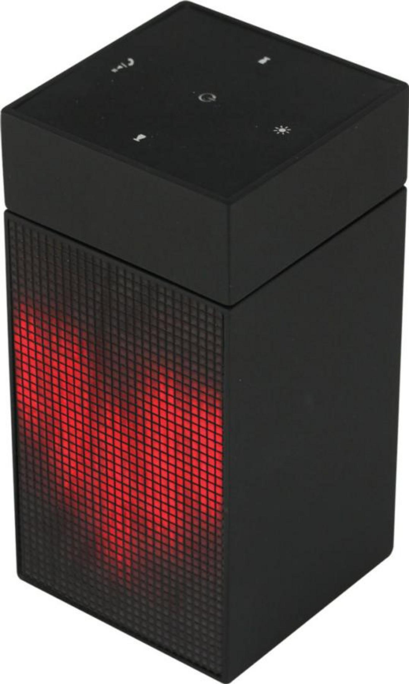 Altoparlante cubo nero con luci rosse e pulsanti in cima.
