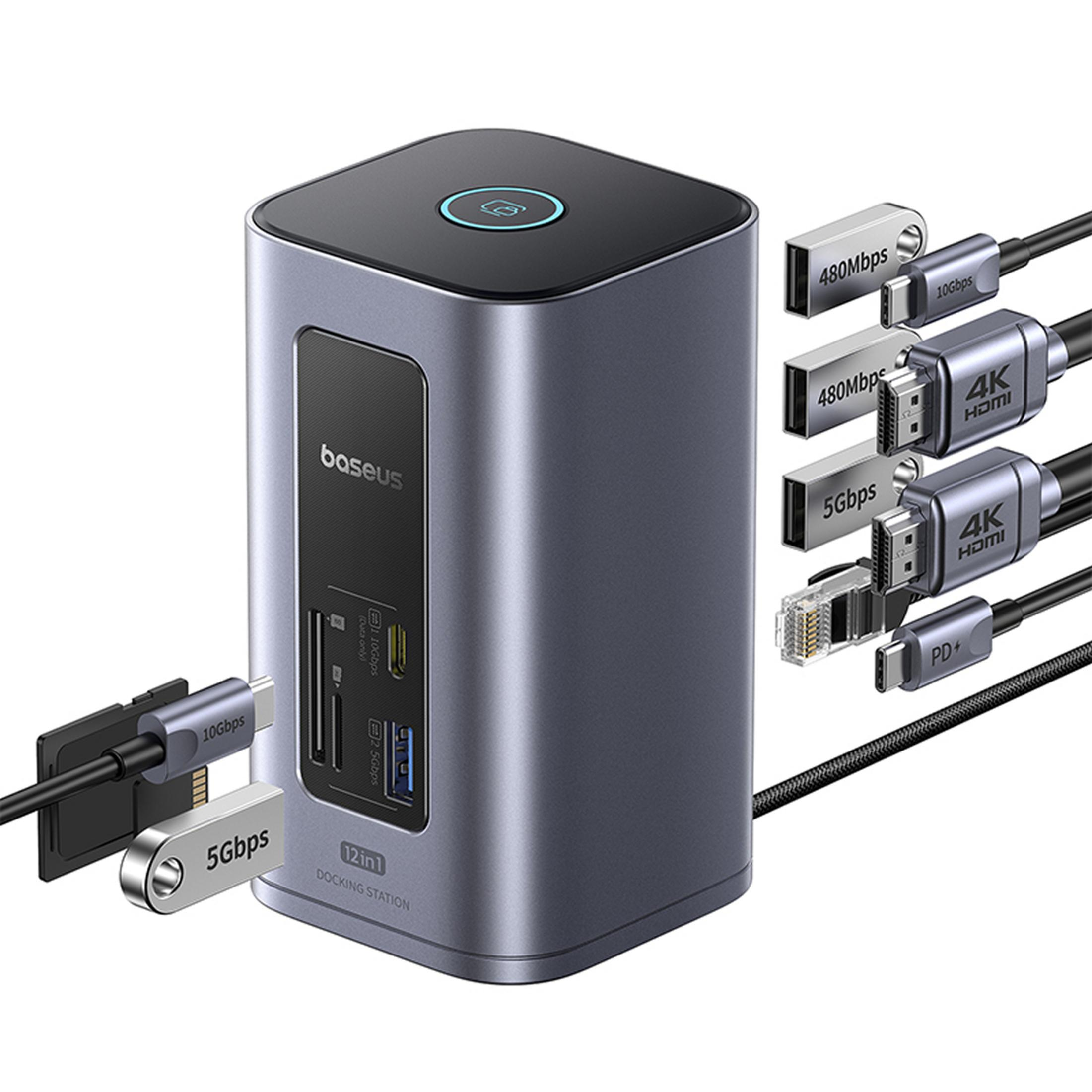 Estación de acoplamiento Baseus con varios puertos y cables.